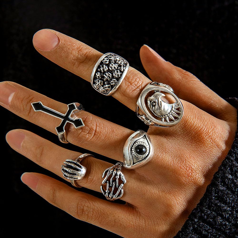Cross skull ring set of six, eye eagle men's ring set
