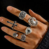 Cross skull ring set of six, eye eagle men's ring set