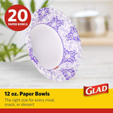 Glad Round Disposable Paper Bowls, Purple Victorian Design - Heavy Duty, Soak-Proof, Cut-Resistant, Microwavable Paper Bowls for All Foods and Daily