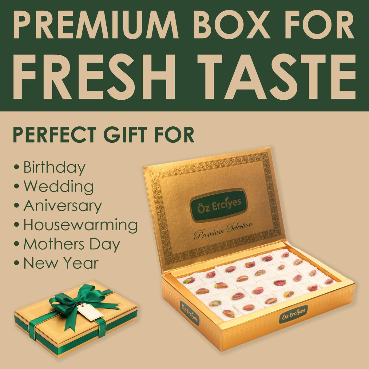 Pistachio Sultana Turkish Delight - Soft Lokum Candy with Nut Center, Traditional Turkish Sweets Gift Box, Delicias Turcas, 17.6 oz (500g)