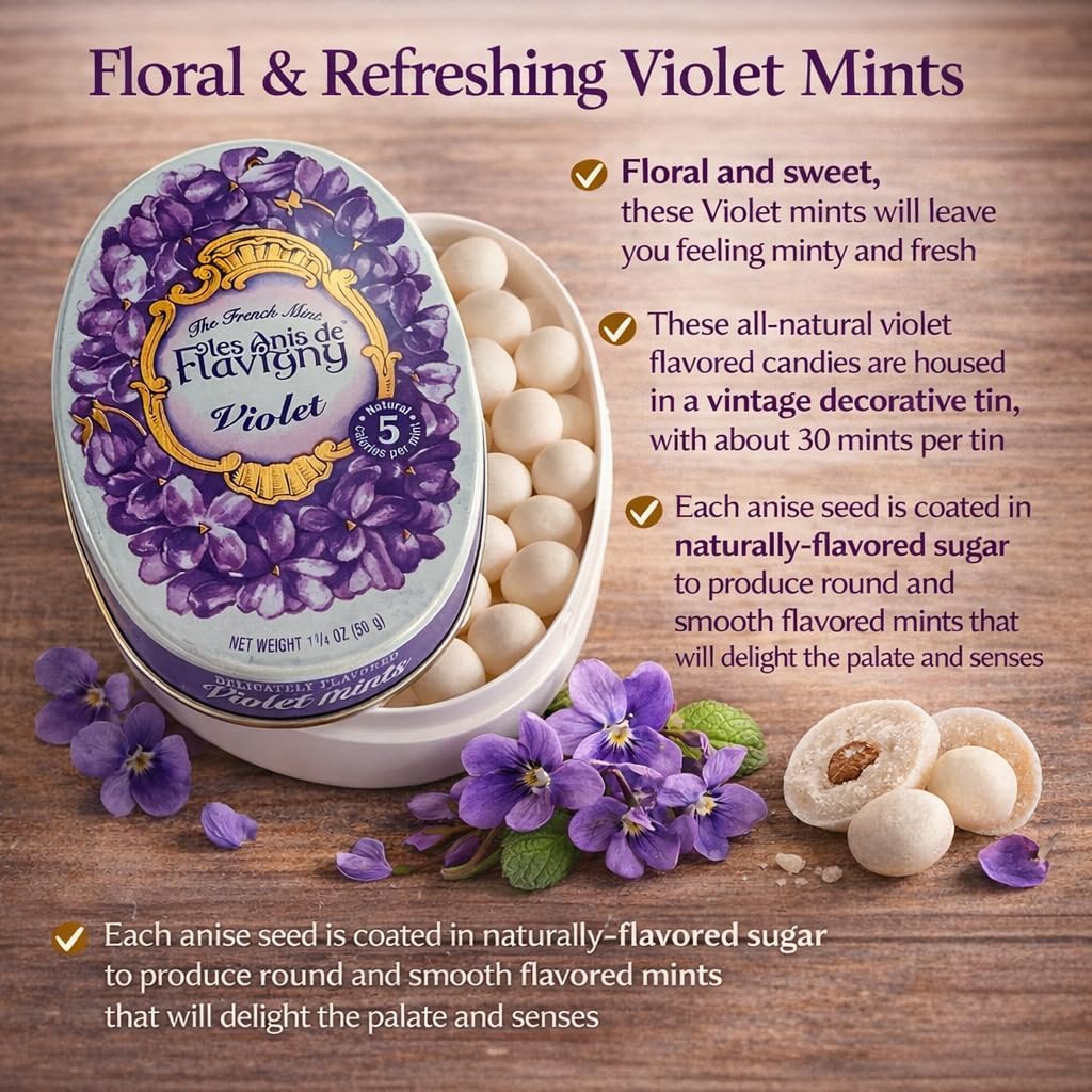 Les Anis de Flavigny French Anise Candy - Violet Flavor Hard Candy, Natural Gourmet Sweets in Classic Reusable Tin, 50g (1.75 oz)