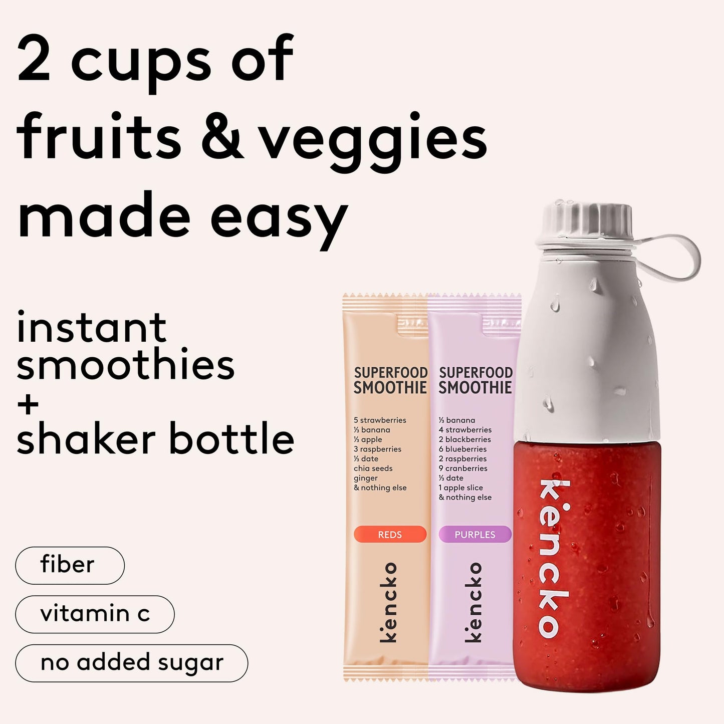 kencko Instant Smoothie Powder Mix Starter Kit, 8 Pack with Reusable Bottle - Reds & Purples - Freeze-Dried Fruit & Veggie Superfood Powdered Drink