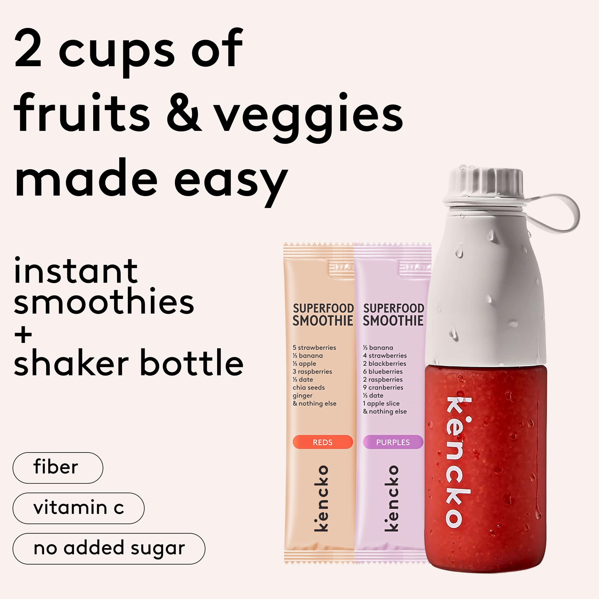 kencko Instant Smoothie Powder Mix Starter Kit, 8 Pack with Reusable Bottle - Reds & Purples - Freeze-Dried Fruit & Veggie Superfood Powdered Drink