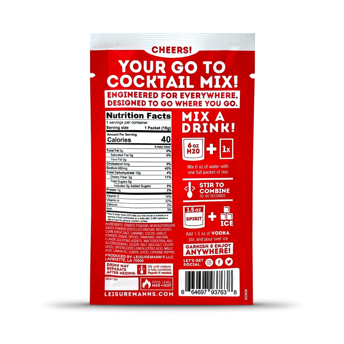 Leisuremann's Bloody Mary Single Serve Cocktail Mixer - Cocktail or Mocktail Powders Designed to Make Happy Hour Easier - All Natural - Travel Ready