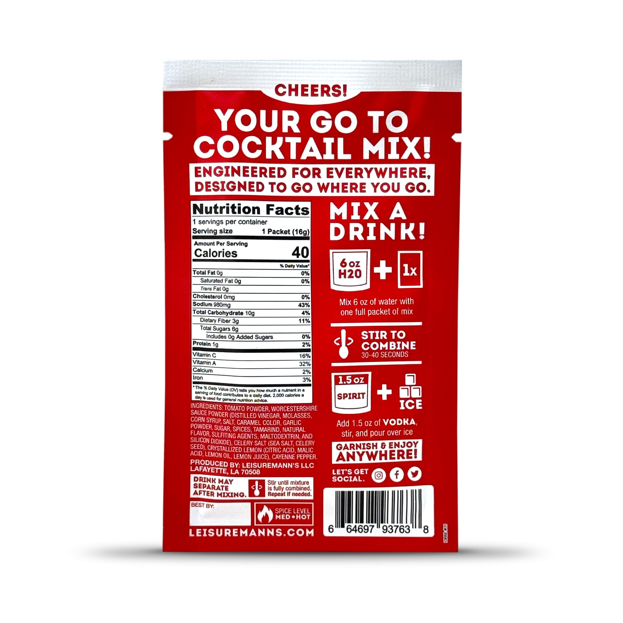 Leisuremann's Bloody Mary Single Serve Cocktail Mixer - Cocktail or Mocktail Powders Designed to Make Happy Hour Easier - All Natural - Travel Ready