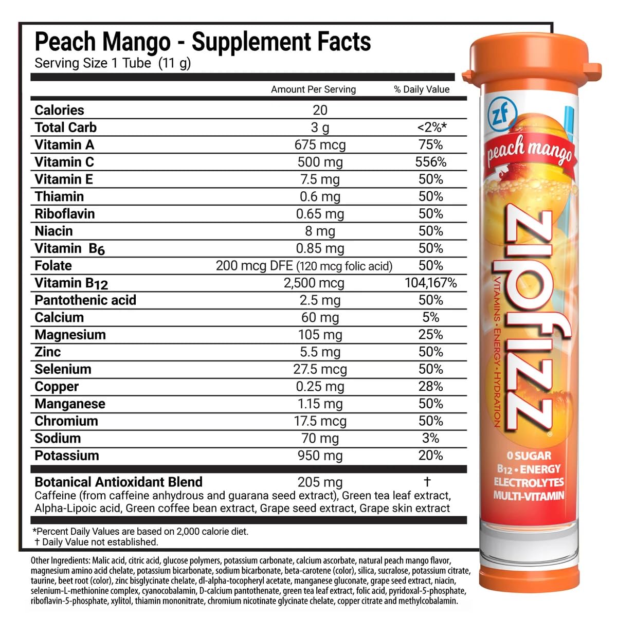Zipfizz Energy Drink Mix, Hydration with B12 and Multi Vitamins, Peach Mango, 30 Count