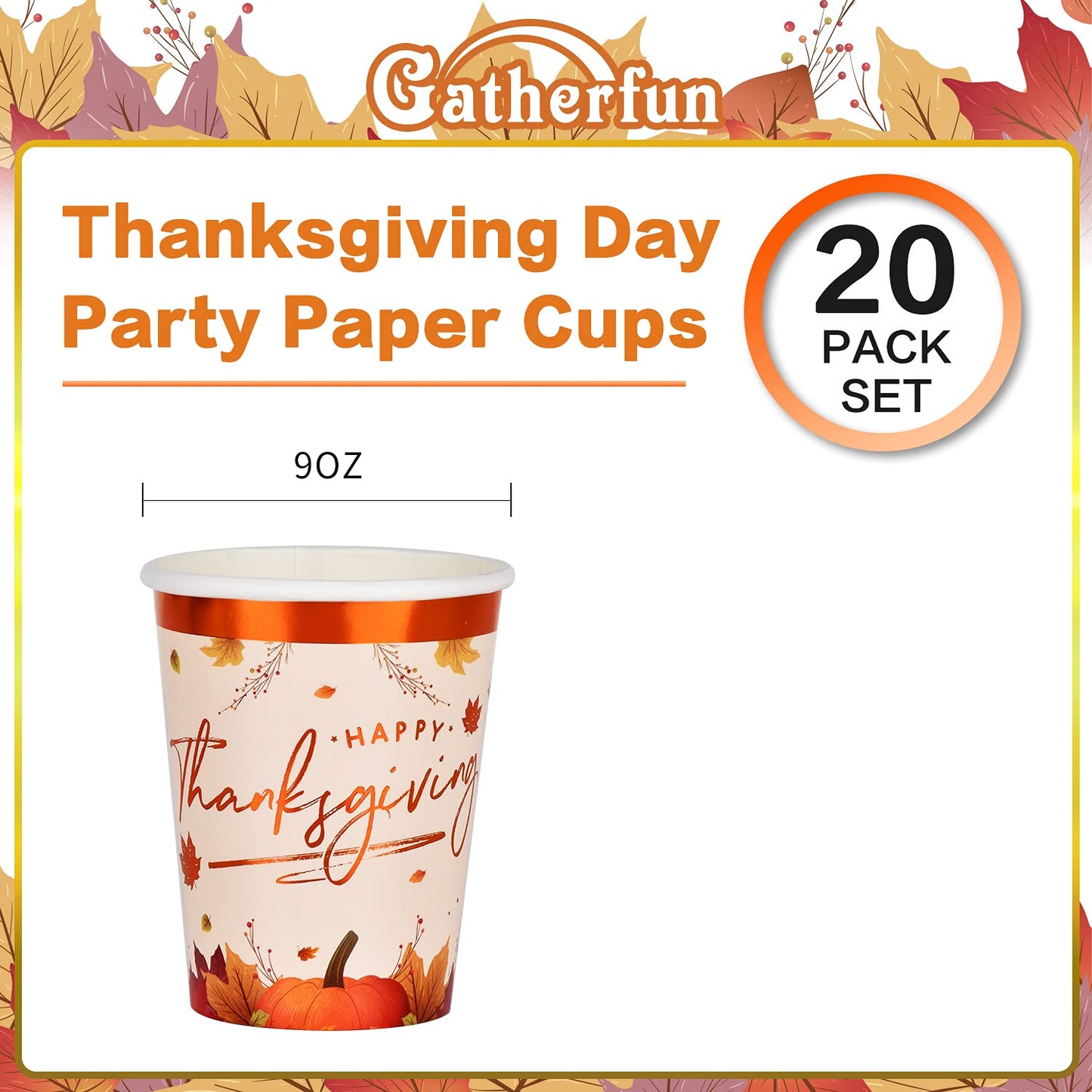 Gatherfun Thanksgiving Party Supplies Maple Leaves Disposable Paper Cups for Thanksgiving Dinner Party Fall Party Decorations, 9OZ 20 Pack