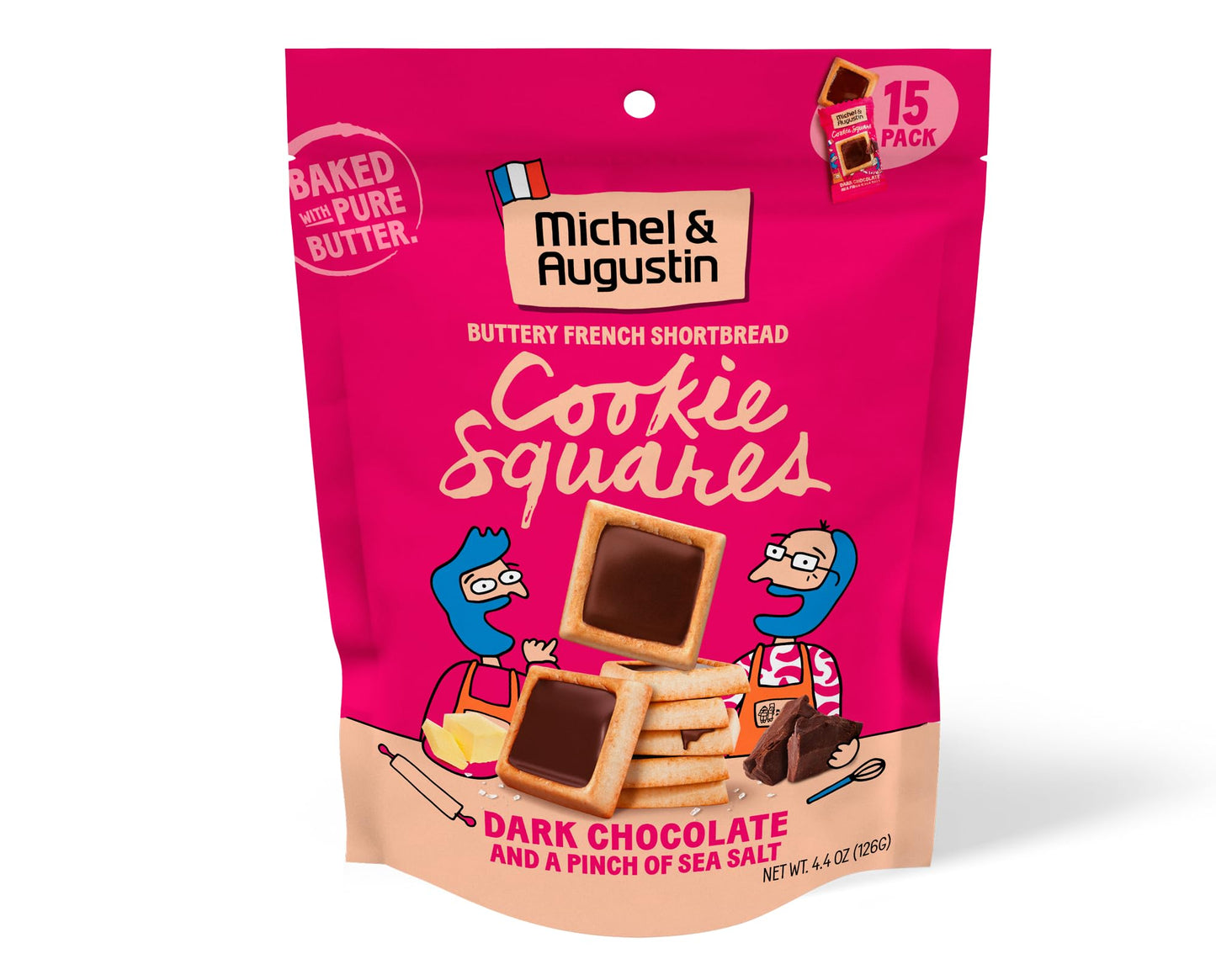Michel et Augustin Cookies, Individually Wrapped Snacks, Gourmet Dark Chocolate & Sea Salt Shortbread, 15 French Butter Cookies