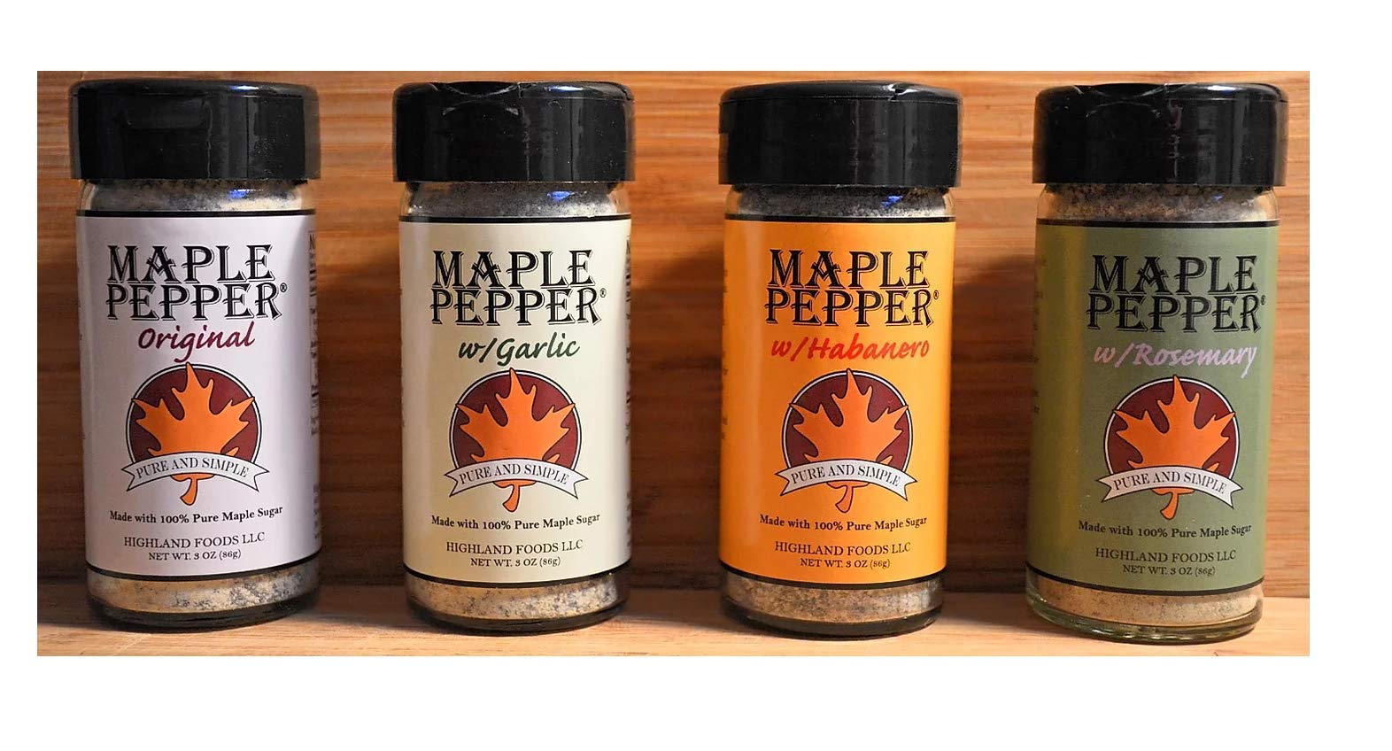 Sweet Heat Maple Pepper Set - Habanero, Rosemary, Garlic, and Original Maple Pepper - Made from Pure Vermont Maple Syrup