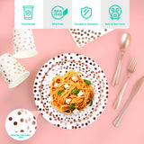 White and Rose Gold Party Supplies - 350 PCS Disposable Dinnerware Set - White Paper Plates Napkins Cups, Gold Plastic Forks Knives Spoon