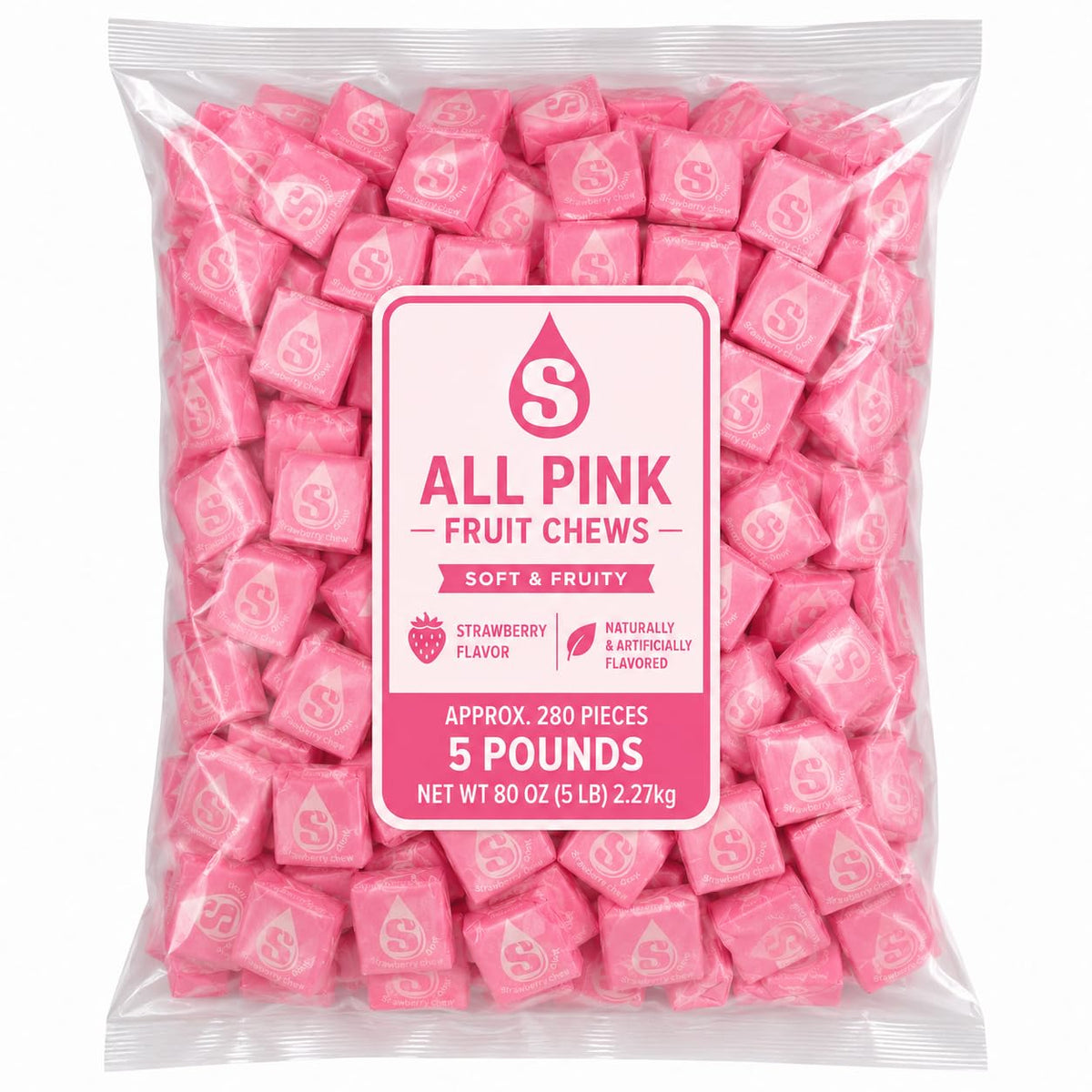 Chewy Fruit Candy Squares Strawberry Flavor Bulk Bag 5 lb