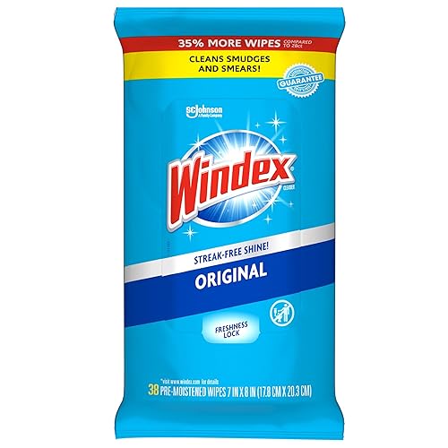Windex Wipes Glass Cleaning, Pre-Moistened Glass and Surface Wipes to Clean Home Surfaces, Household Essentials, Original Scent, 38 Count (Pack of 1)