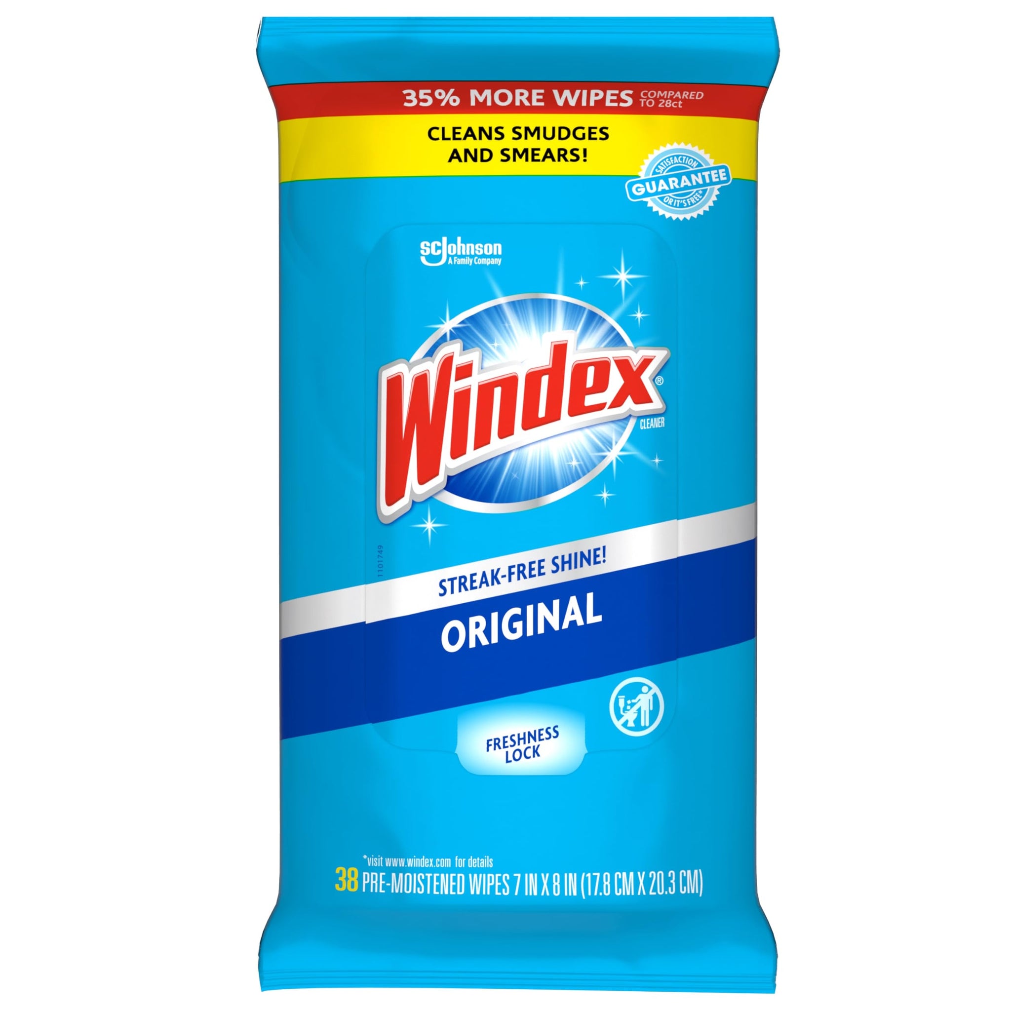 Windex Wipes Glass Cleaning, Pre-Moistened Glass and Surface Wipes to Clean Home Surfaces, Household Essentials, Original Scent, 38 Count (Pack of 1)