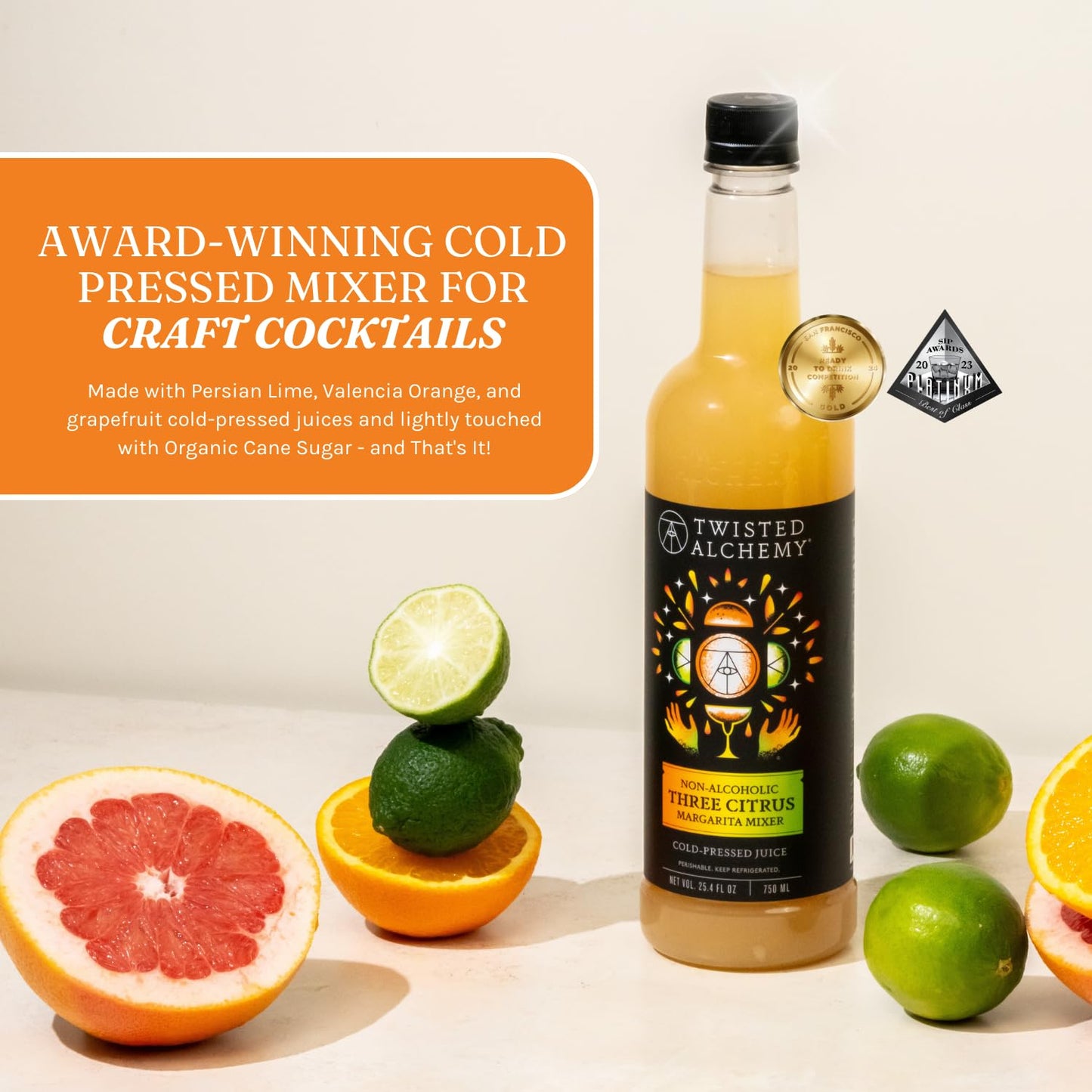 Twisted Alchemy Three Citrus Margarita Mix - Premium Margarita Mixer With Cold Pressed Juice For Craft Cocktails, 50% Juice - (25 Oz Bottle, Pack