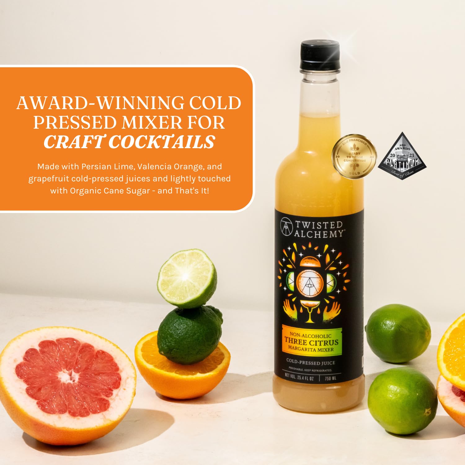 Twisted Alchemy Three Citrus Margarita Mix - Premium Margarita Mixer With Cold Pressed Juice For Craft Cocktails, 50% Juice - (25 Oz Bottle, Pack