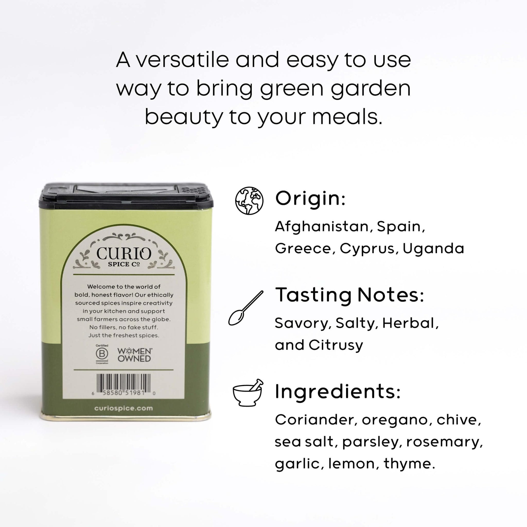 Curio Spice Co - Herb Goddess Everyday Blend - Made w/Green coriander, Greek Oregano & Chives - Great for White Meat, Soups, Salads, & Rice - 1.3oz