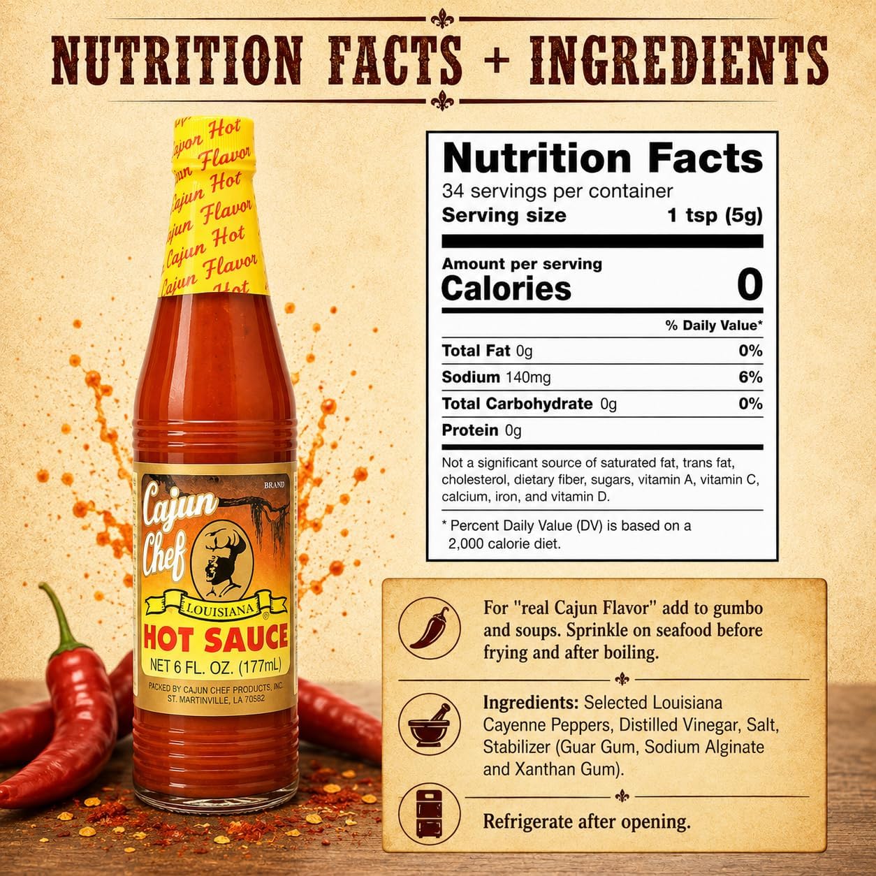 Cajun Chef Louisiana Hot Sauce 6 oz (Pack of 2) - Cajun Cayenne Pepper Sauce with Mild Heat, Louisiana Style Hot Sauce for Gumbo, Seafood, Soups