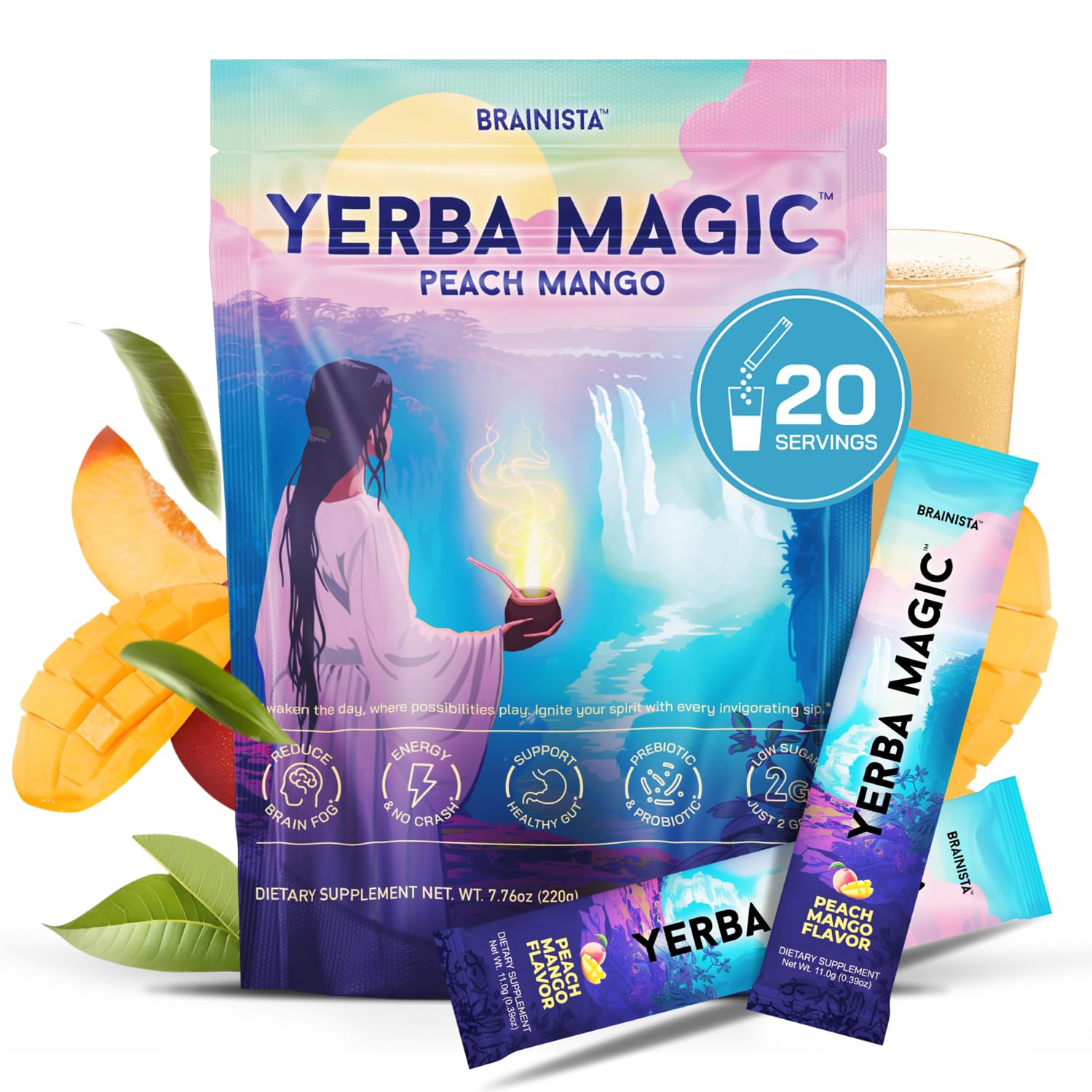 Yerba Mate Tea, Yerba Magic 5 in 1 Stick Packs with Lion's Mane, Prebiotics, Probiotics, L-Theanine, Plant Based Caffeine, Gut Health, Magic Mind