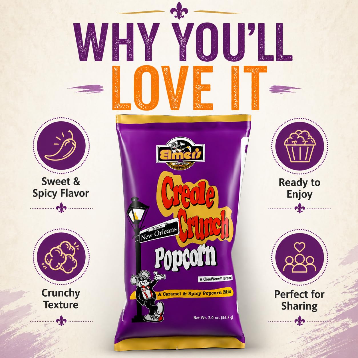 Elmer's New Orleans Creole Crunch Popcorn Mix, Authentic NOLA Caramel & Spicy Flavor, Irresistible Crunchy Snack Delight (6)