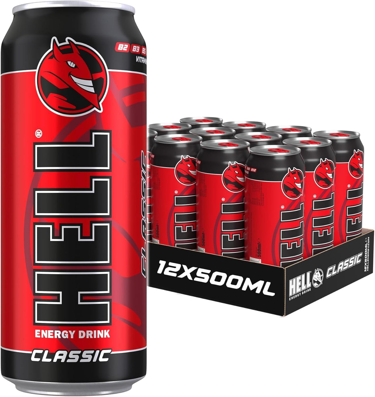 HELL CLASSIC Energy Drink | +20% More Caffeine | Vitamins B2, B3, B6, B12, C & D | No Preservatives | Environmentally Friendly Packaging | 12 x 500 ml