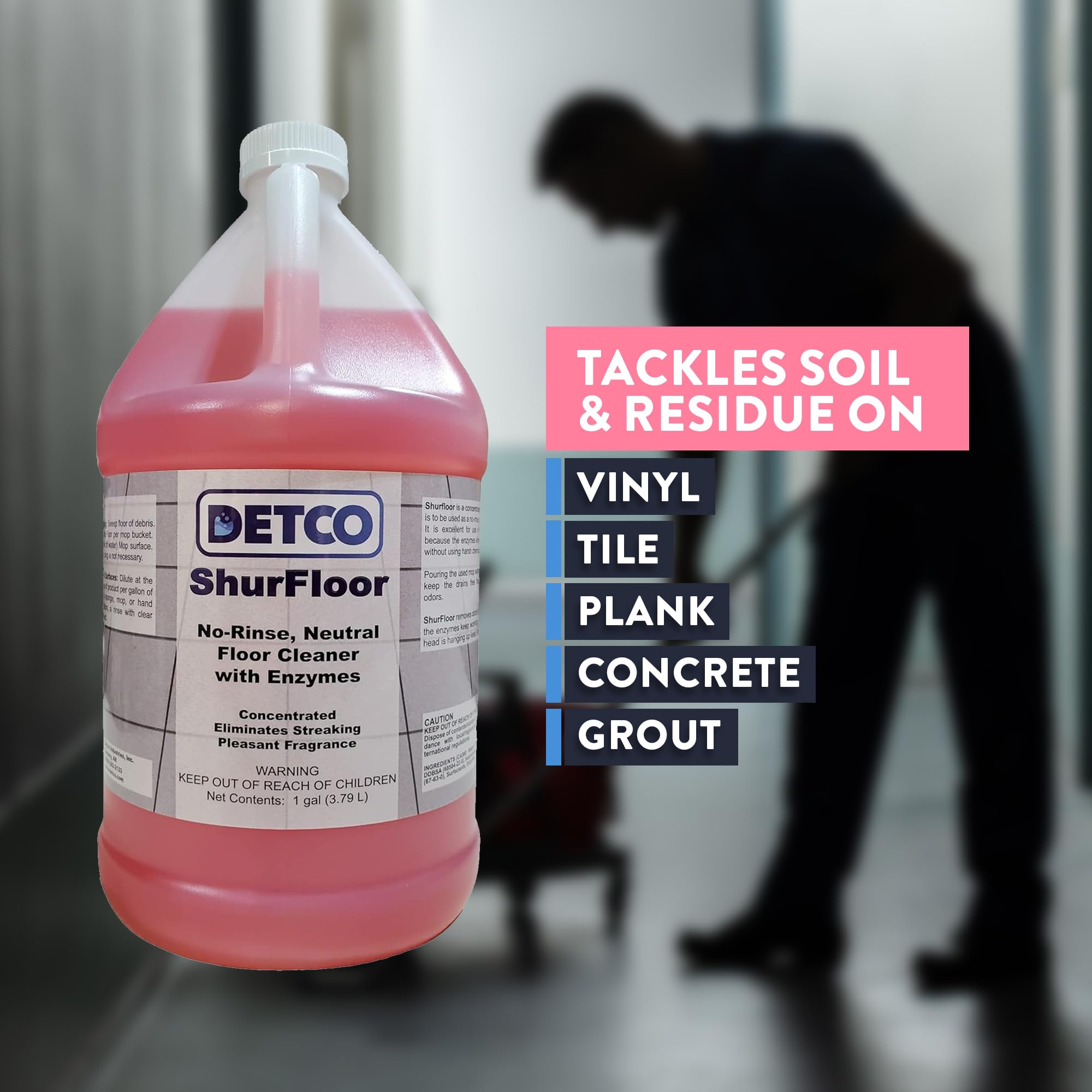 Detco ShurFloor - Professional Strength & Industrial Grade Floor, Drains, & Mop Head Cleaner & Odor Eliminator, 2oz Per Gallon of Hot Water, Daily No