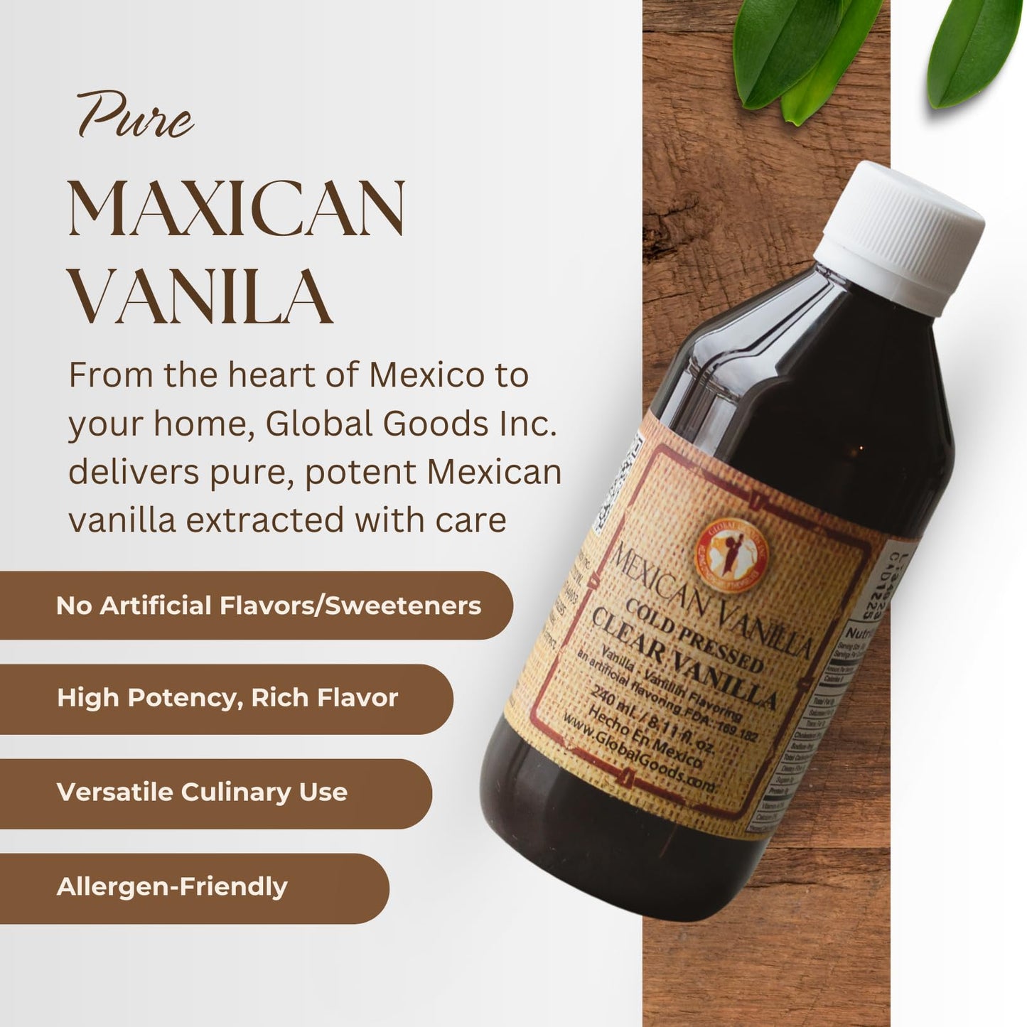 Pure Clear Mexican Vanilla Extract (8.12 fl oz) - Gluten-Free, Coumarin-Free Vanilla for Baking, Cakes, Cookies, Coffee & Desserts - Cold Pressed