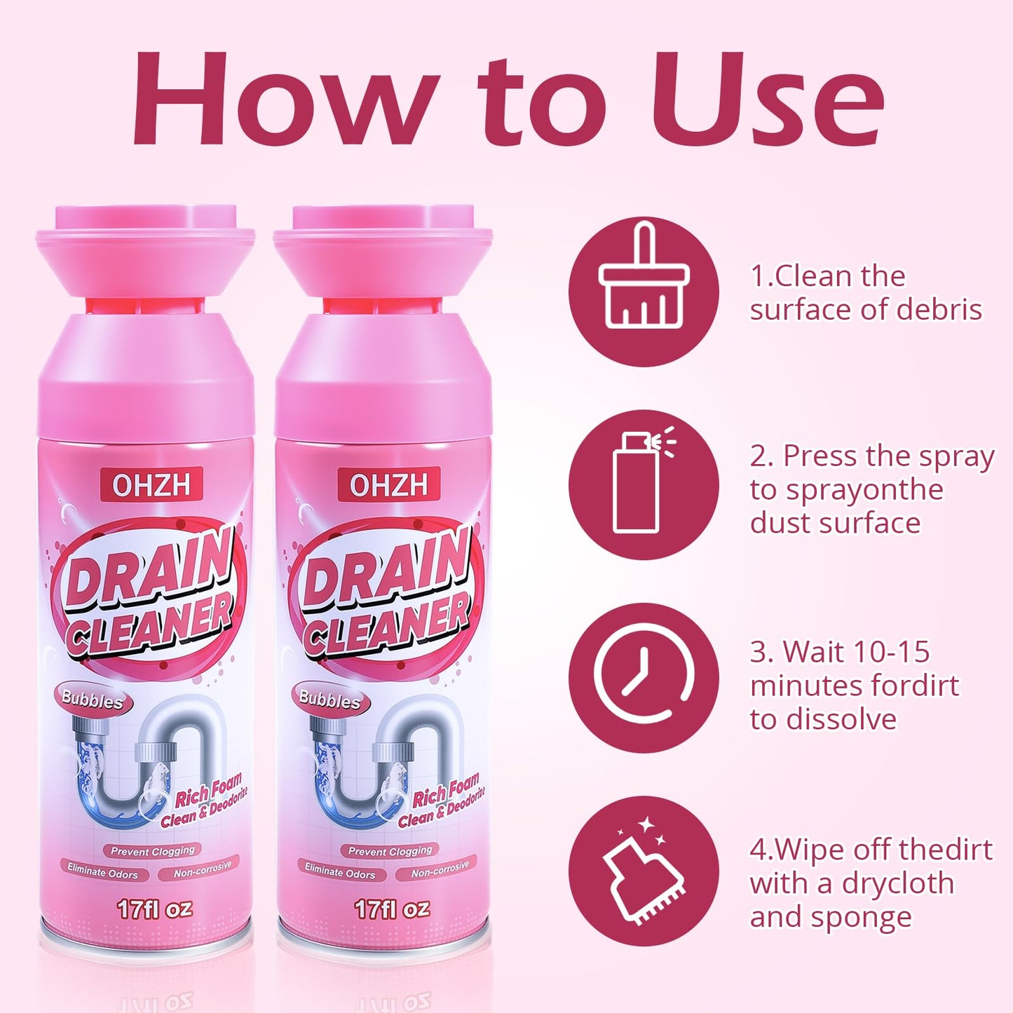 Foaming Drain Cleaner,Drain Clog Remover -Sink Cleaner and Deodorizer,Foaming Cleaners for Kitchen, Sinks, Shower Drains,Tub (2pcs)