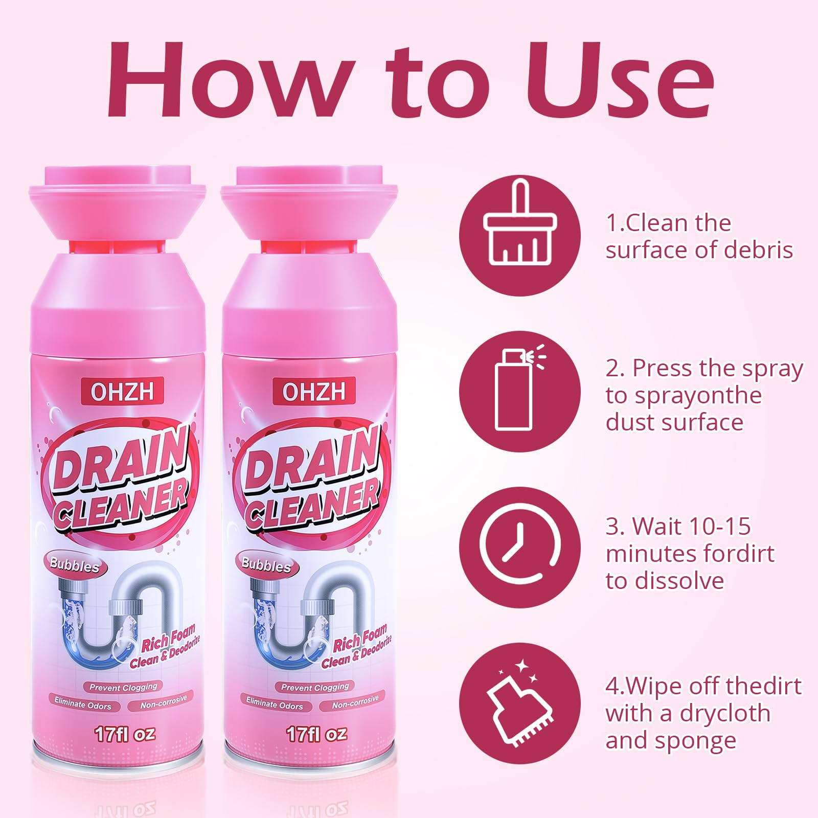 Foaming Drain Cleaner,Drain Clog Remover -Sink Cleaner and Deodorizer,Foaming Cleaners for Kitchen, Sinks, Shower Drains,Tub (2pcs)