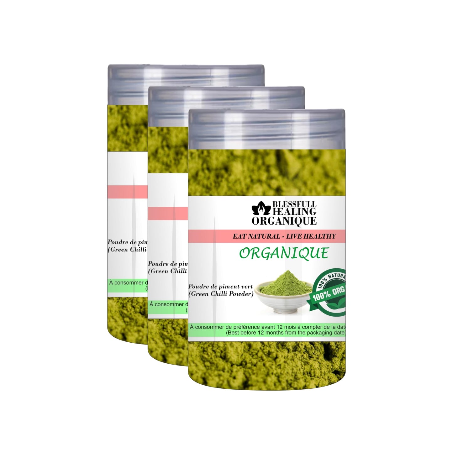 Blessfull Healing Organic Green Chilli Powder 100 Gram (3.52 oz) Each (Pack Of 3) = 300 Grams, Vegan