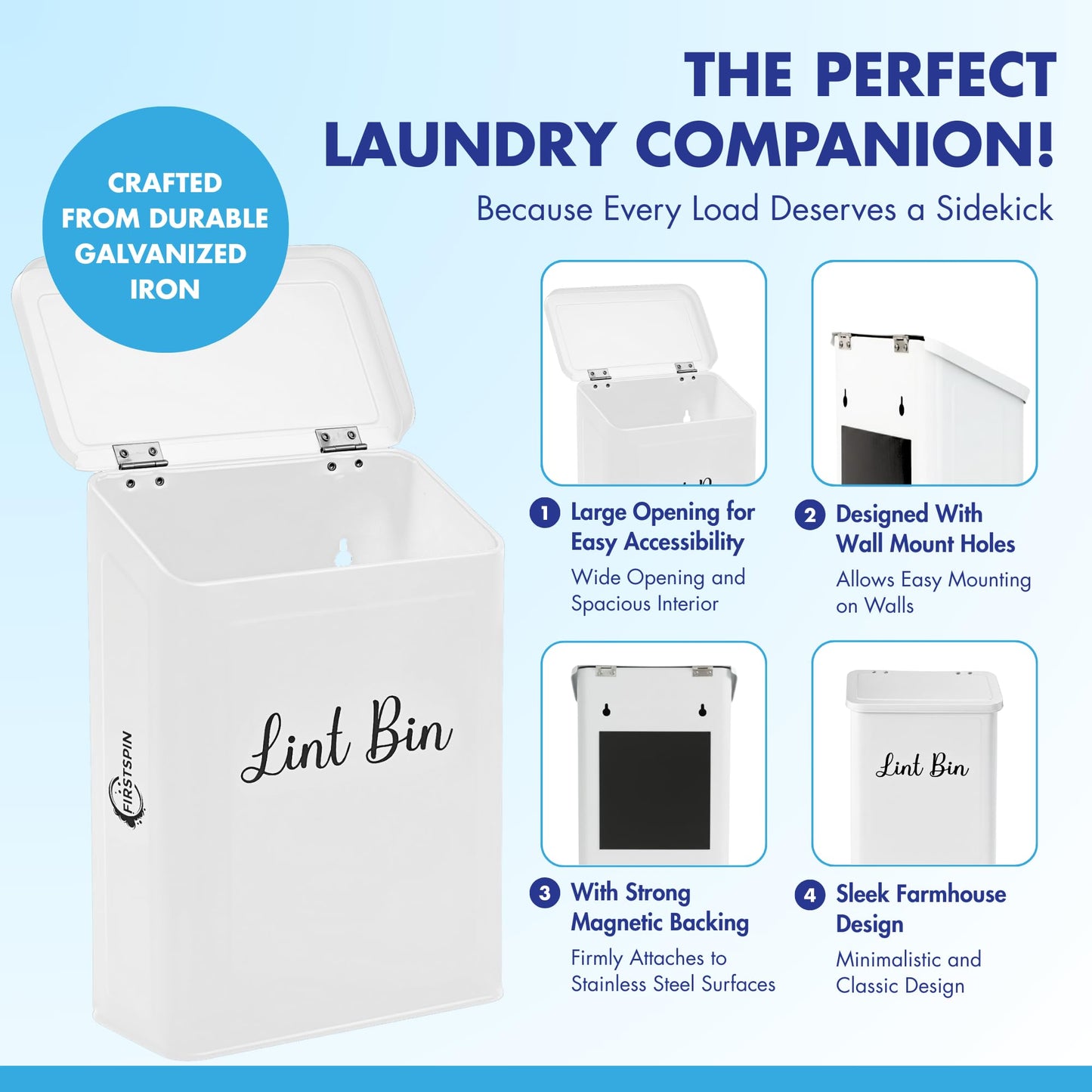 FIRSTSPIN Magnetic Lint Bin for Laundry Room - Black Metal Lint Holder with Lid - Wall Mount & Magnetic Trash Can - Modern Farmhouse Style for Laundry