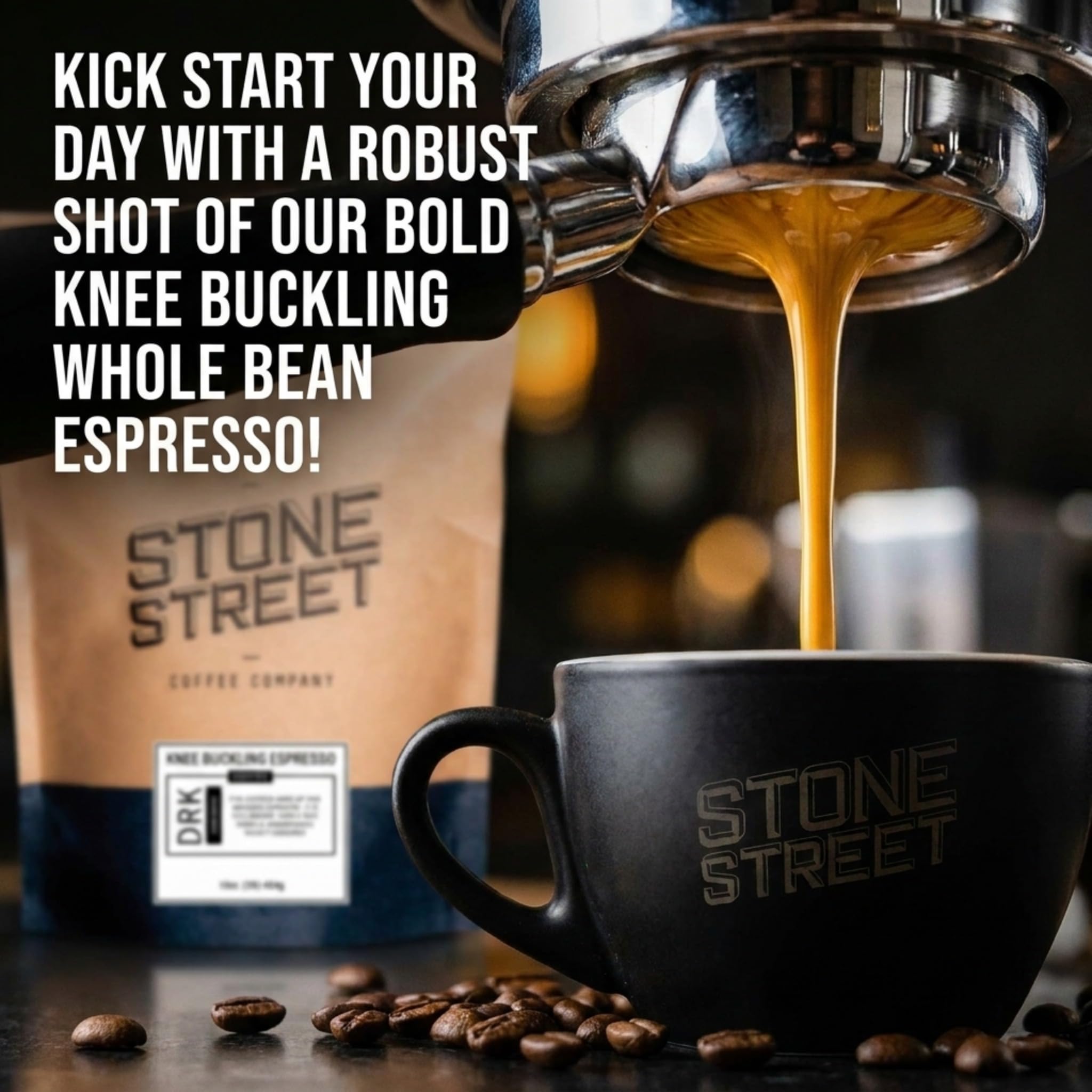 Stone Street Knee Buckling Espresso Beans, High Caffeine Coffee Blend, Dark Roast, Whole Bean, 2 LB