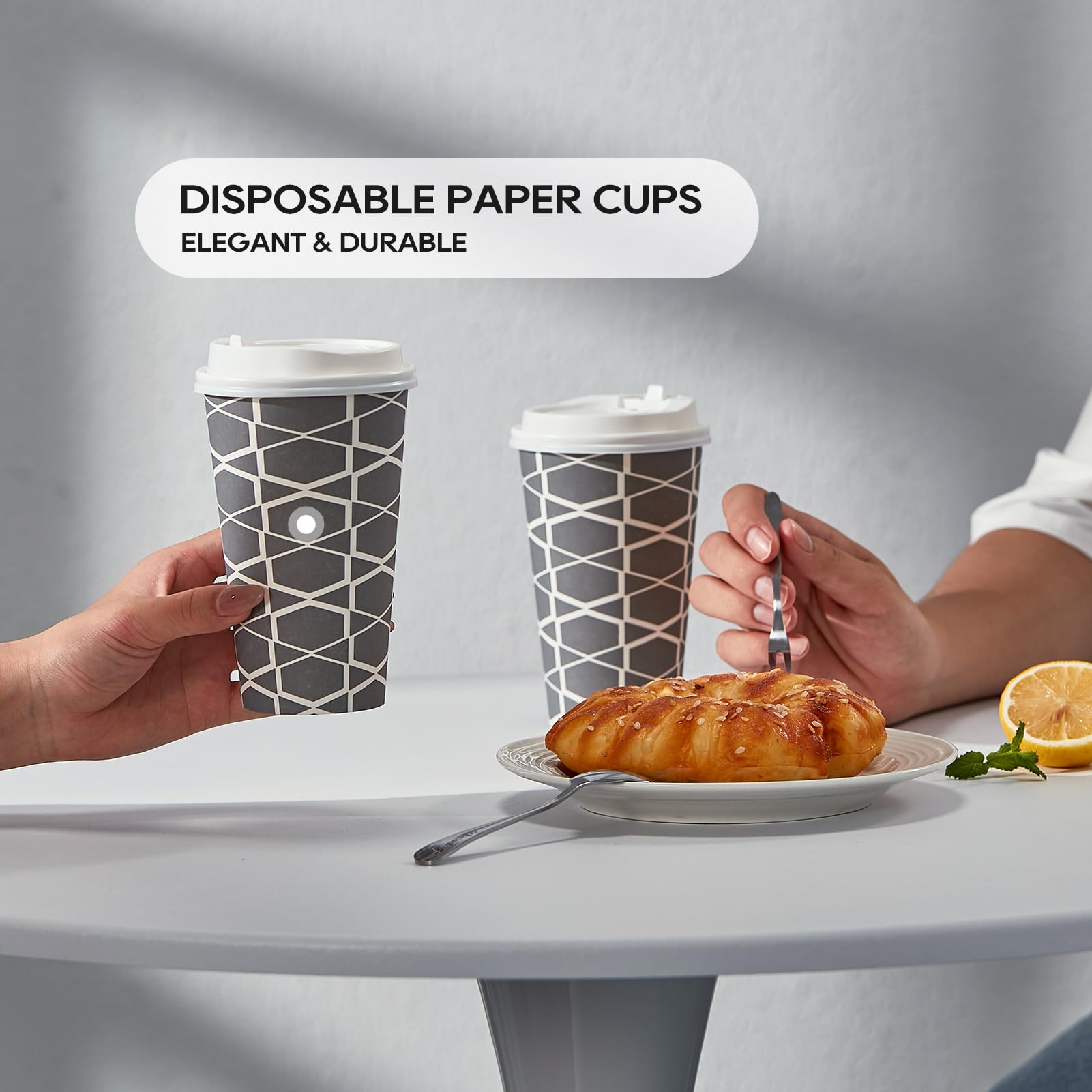 JOLLY PARTY Disposable Coffee Cups with Lids -16 oz (100 Sets) To Go Cups, Paper Coffee Cups for Beverages Espresso Tea, Suitable for Cafes, Offices