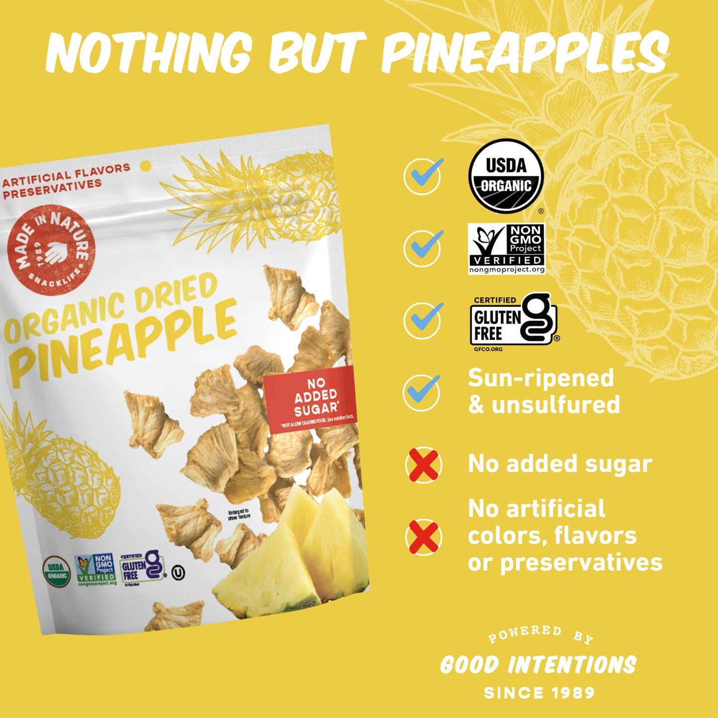 Made In Nature Organic Dried Pineapples, 7.5 Ounce (Pack of 1) - Vegan Snack, Non-GMO, Unsulfured, Gluten Free, Kosher