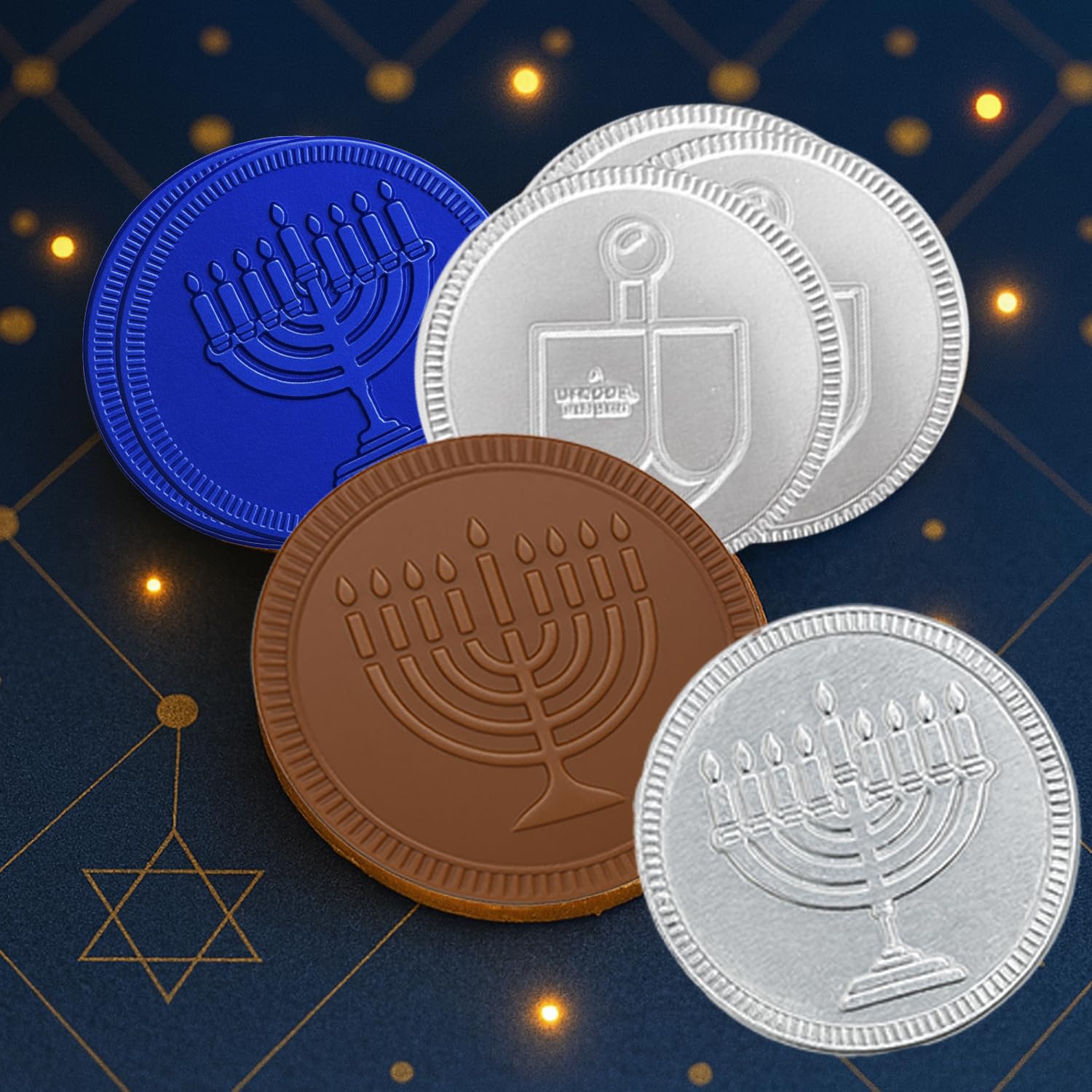 The Dreidel Company 12-Pack Blue & Silver Hanukkah Mesh Bags Milk Chocolate Coins, Hanukkah Design Gelt, Non GMO, Kosher Certified OU-D