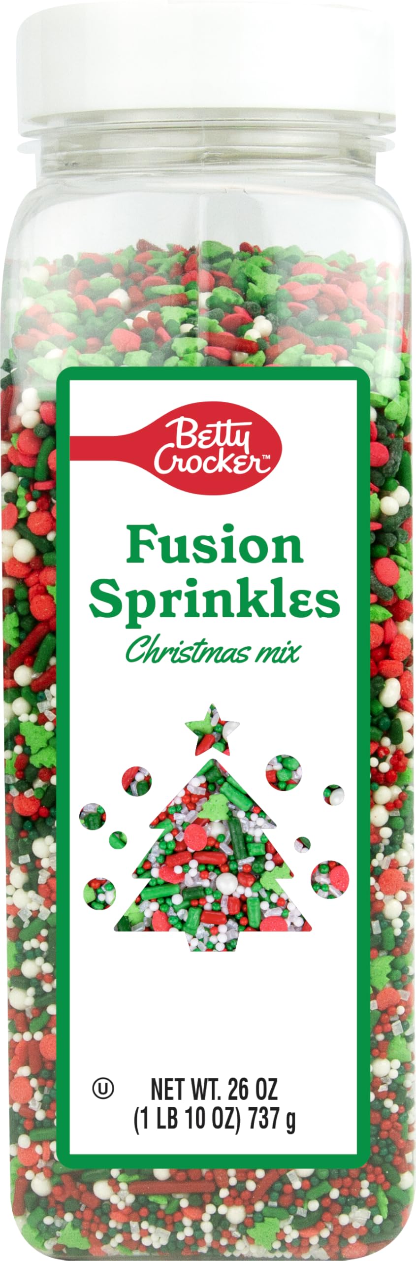 Betty Crocker Fusion Sprinkles Christmas Mix Bottle Festive Red, Green & White Holiday Sprinkles for Decorating Cookies, Cupcakes & Cakes, 26oz