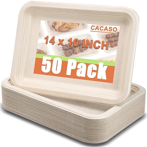 CACASO 50 Pack 14 inch Large Paper Plates, Disposable Food Trays, Heavy Duty Large Paper Plates, Compostable Sugarcane Platters, Disposable Serving