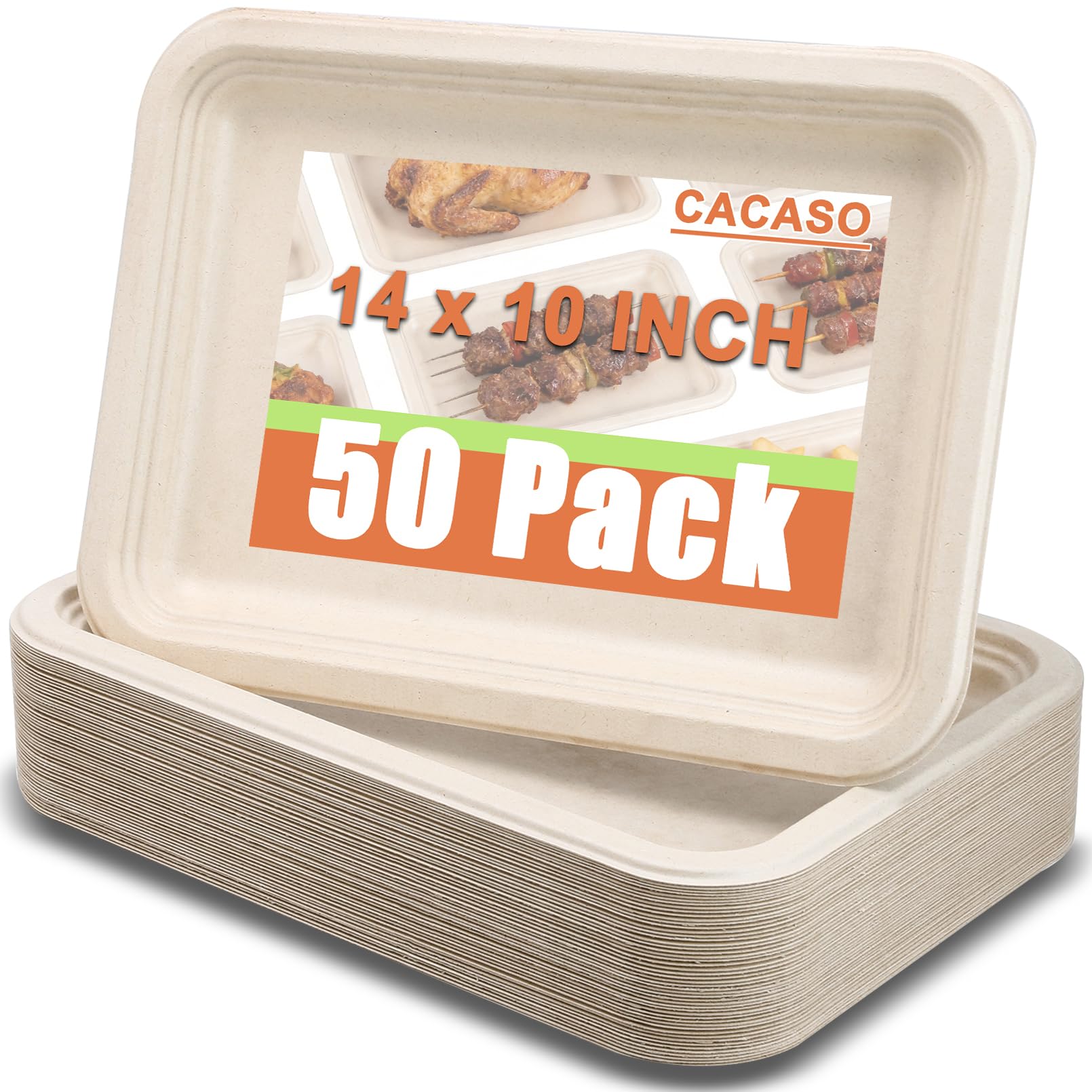 CACASO 50 Pack 14 inch Large Paper Plates, Disposable Food Trays, Heavy Duty Large Paper Plates, Compostable Sugarcane Platters, Disposable Serving