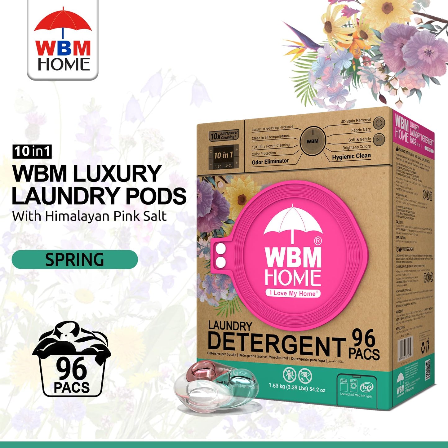 WBM Home Laundry Detergent Pods, Spring Fragrance Scent, 96 Count - HE Concentrated Laundry Pods With 10x Ultrapower Cleaning and 4D Laundry Stain