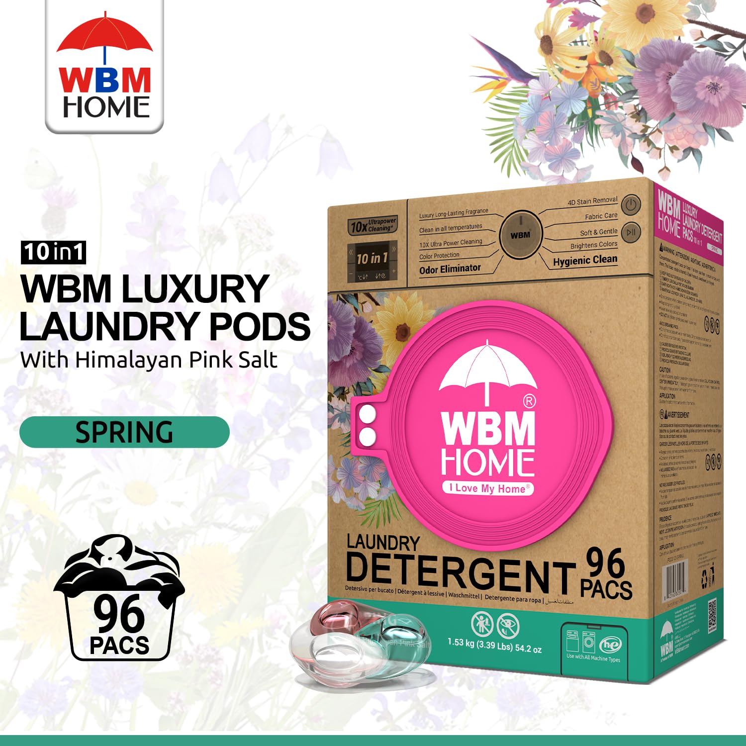 WBM Home Laundry Detergent Pods, Spring Fragrance Scent, 96 Count - HE Concentrated Laundry Pods With 10x Ultrapower Cleaning and 4D Laundry Stain