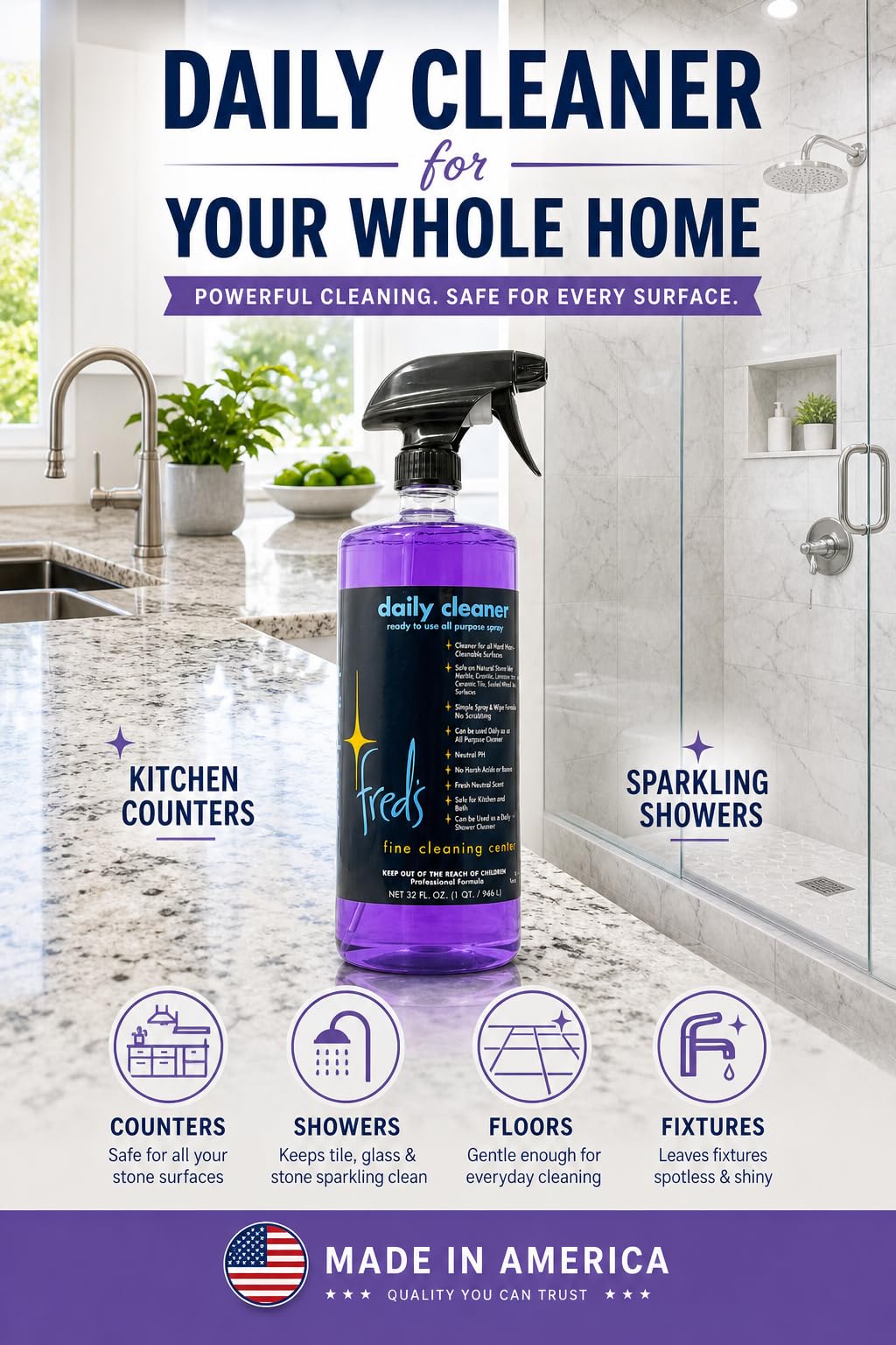 Fred's Daily Cleaner - Multi-Surface, Natural Stone Safe, Neutral pH, Streak-Free Counter Cleaner 32 Ounce Spray