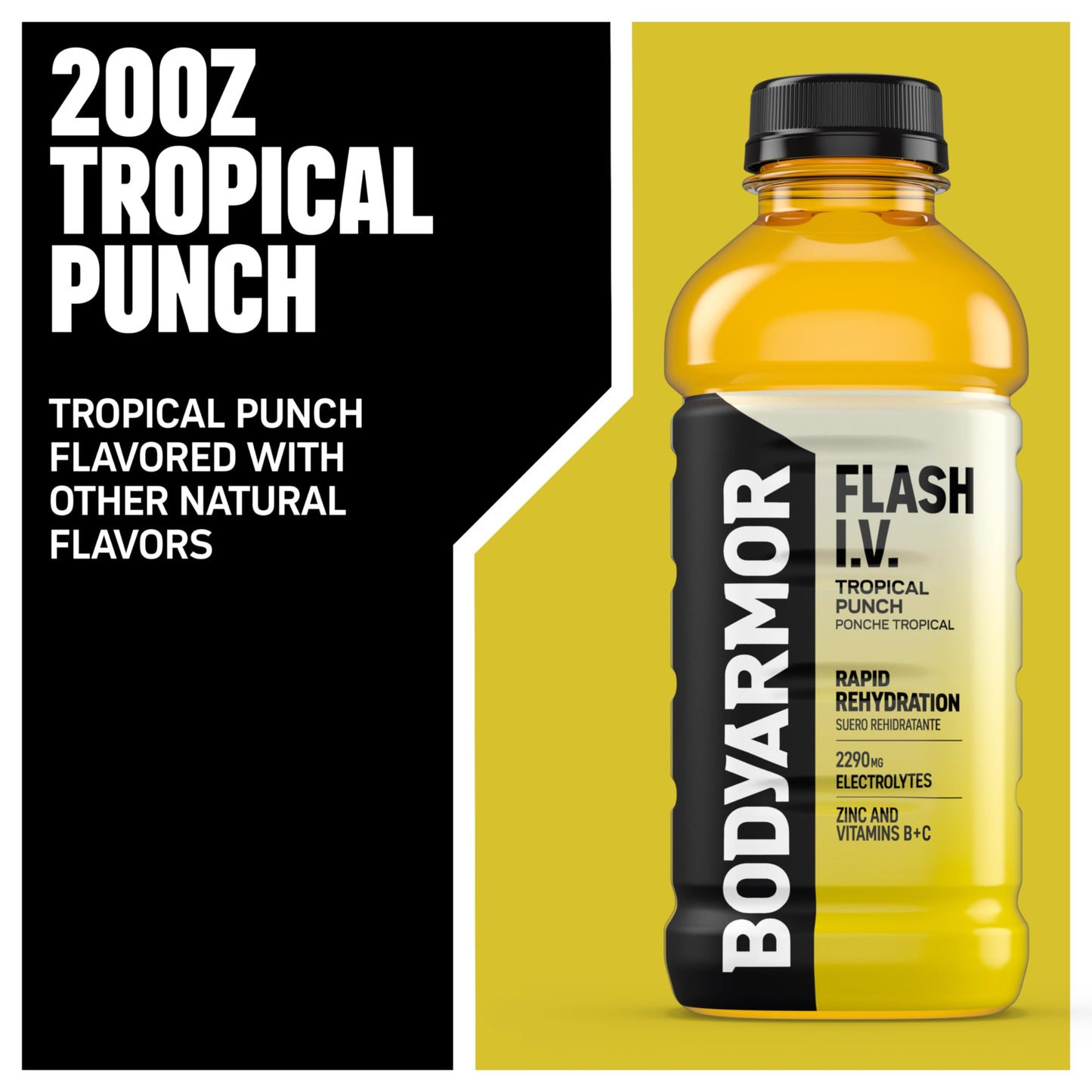 BODYARMOR Flash I.V. Electrolyte Beverage, Tropical Punch, Hydration Drink with Coconut Water For Rapid Rehydration, Post Workout Recovery, 20 Fl Oz