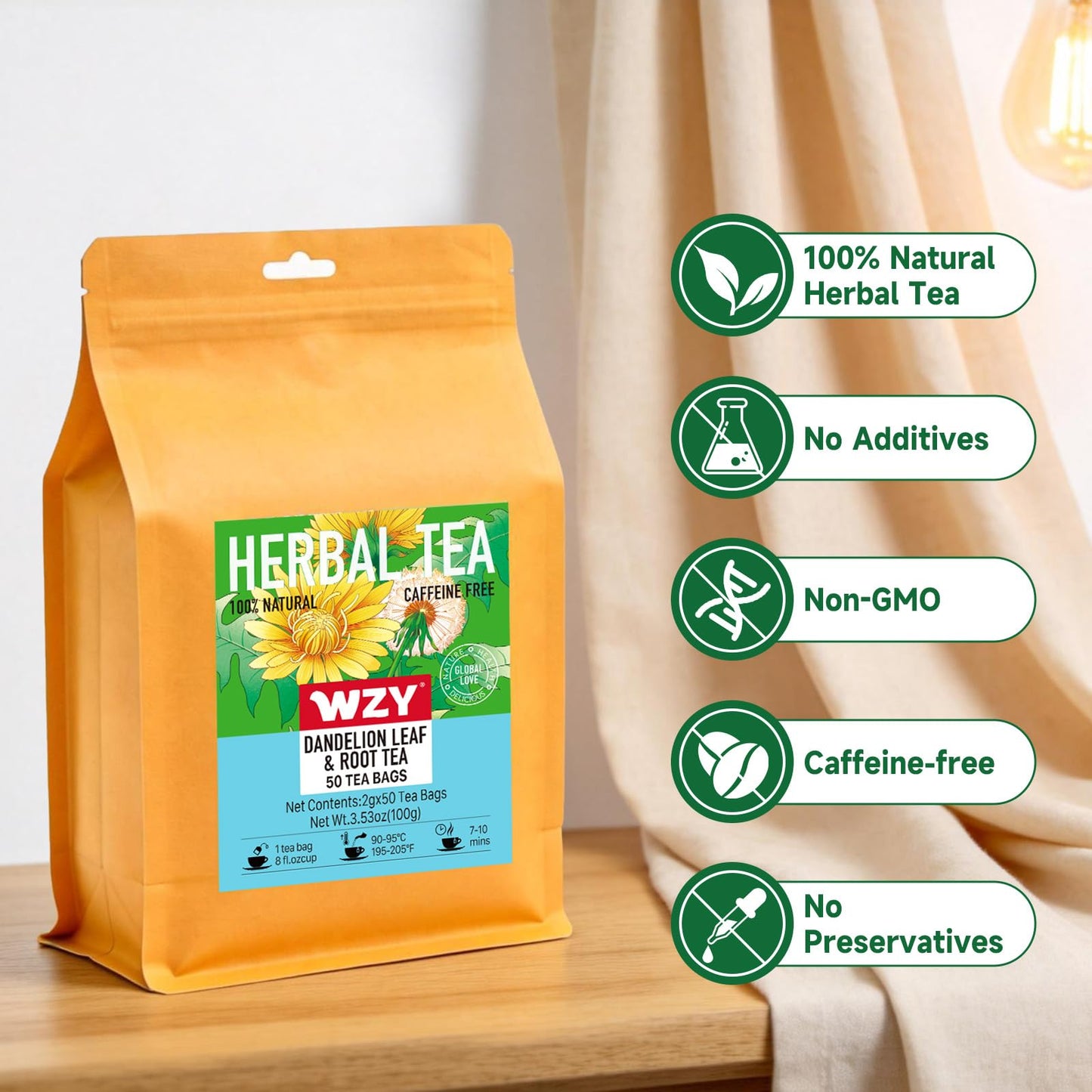 Dandelion Leaf & Root Tea bags, Natural Dandelion Herbal Tea, Non-GMO - Caffeine-Free, 50 Teabags, 2g/bag (Dandelion Leaf & Root)