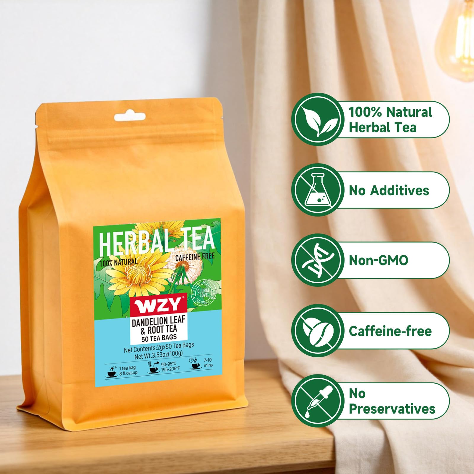 Dandelion Leaf & Root Tea bags, Natural Dandelion Herbal Tea, Non-GMO - Caffeine-Free, 50 Teabags, 2g/bag (Dandelion Leaf & Root)