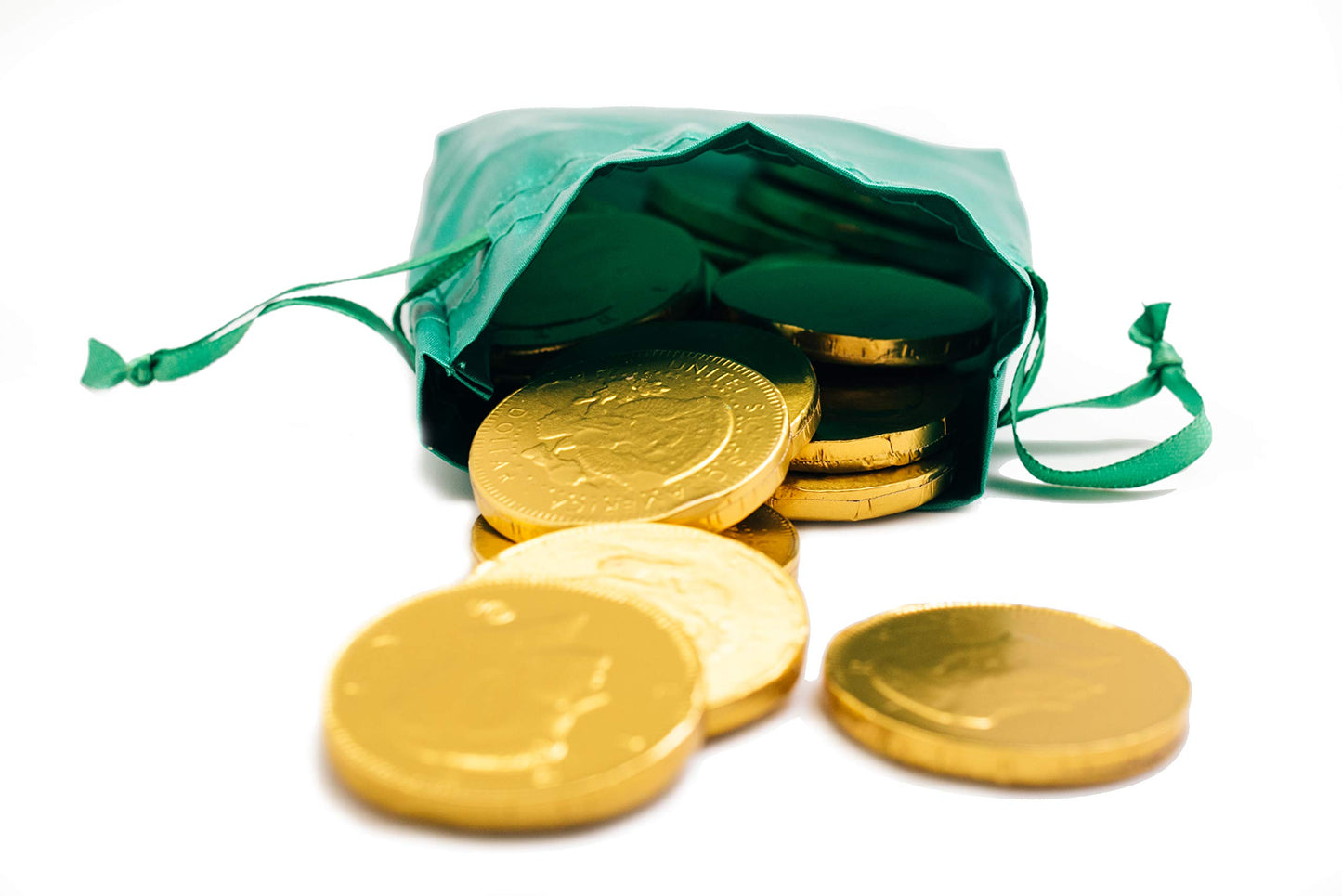 St. Patrick's Day Green Pouch w/ 20 Milk Chocolate Gold Coins - Linen Drawstring Bag - Golden American Half Dollar Coins - St. Paddy's Day Wedding