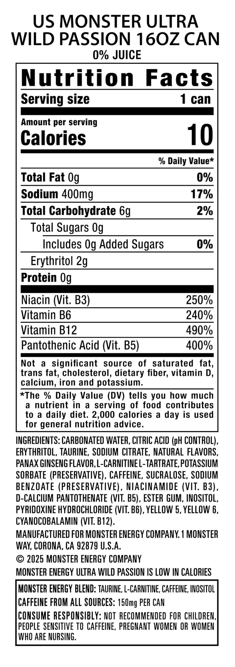 Monster Energy Ultra Wild Passion, Sugar Free Energy Drink, 16 Ounce (Pack of 15)