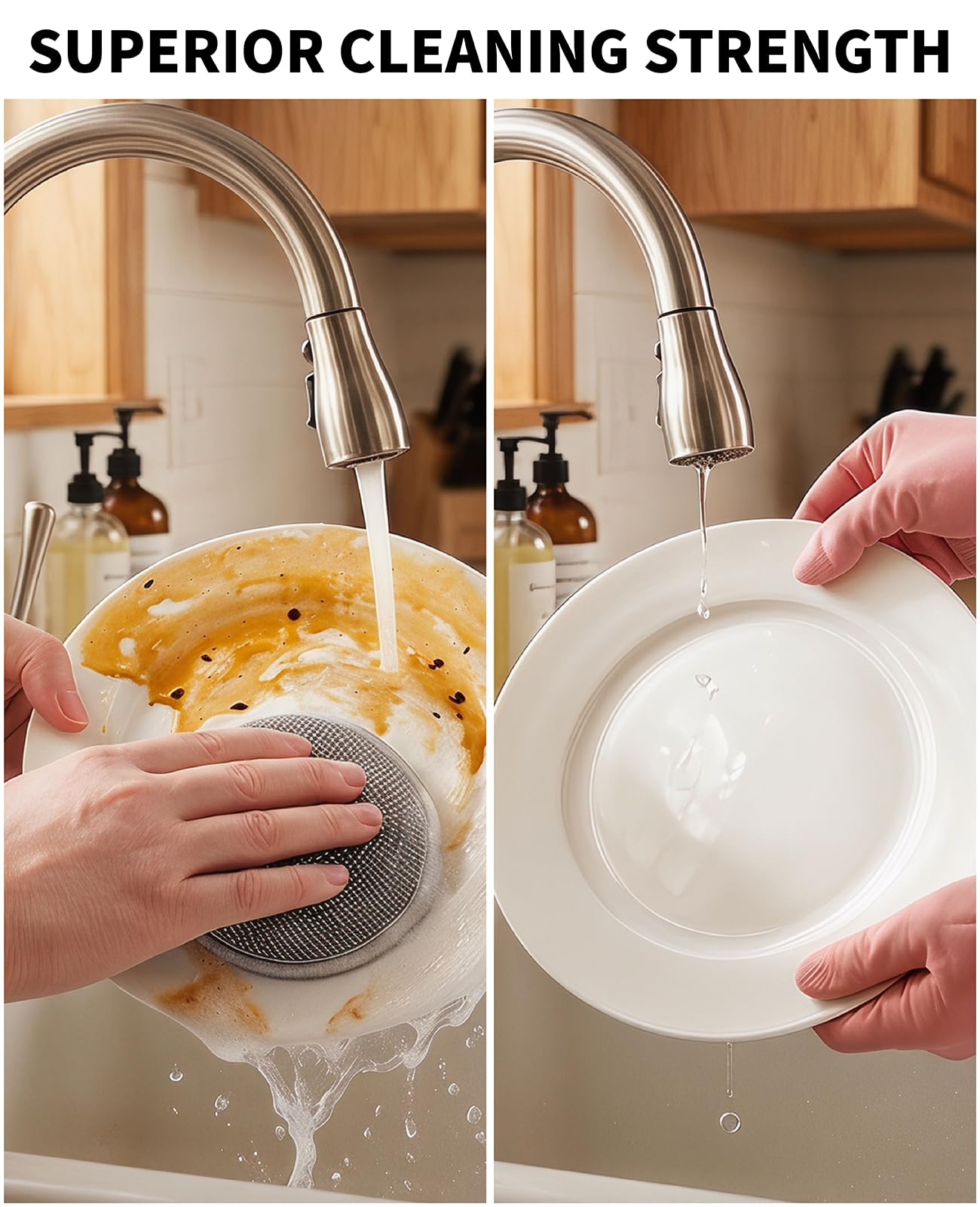 Geyynow 3PCS Dishwashing Cleaning Gloves + 3PCS Wire Dish Rags Set - Long Cuff Reusable Rubber Gloves & Non-Scratch for Kitchen, Cleaning, Gardening