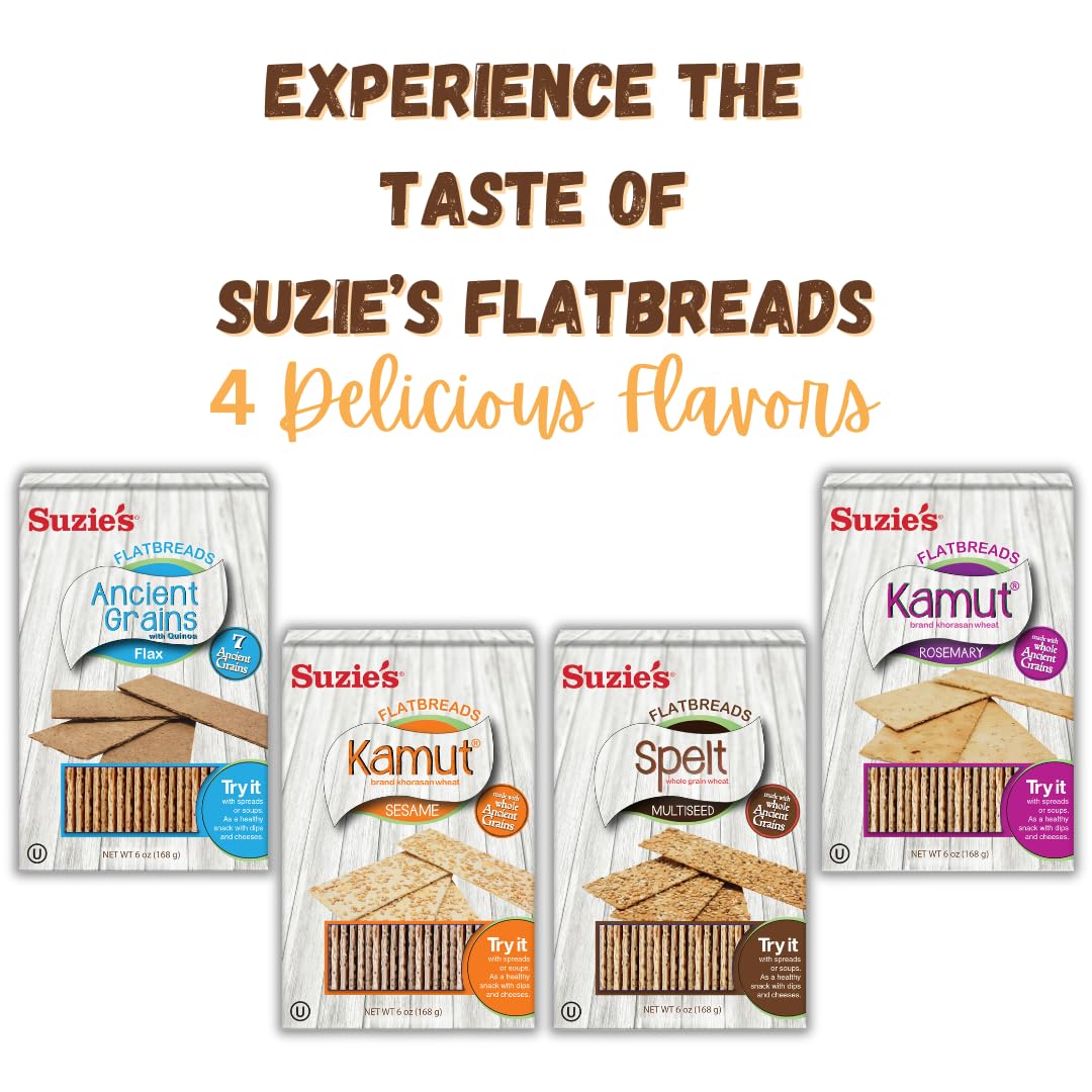 Suzie's Spelt Multi-seed Flatbread Crackers| Pack of 6 | Low-Fat & Vegan, Kosher, Whoelgrain | Healthy Snack Option | 4.6 oz each