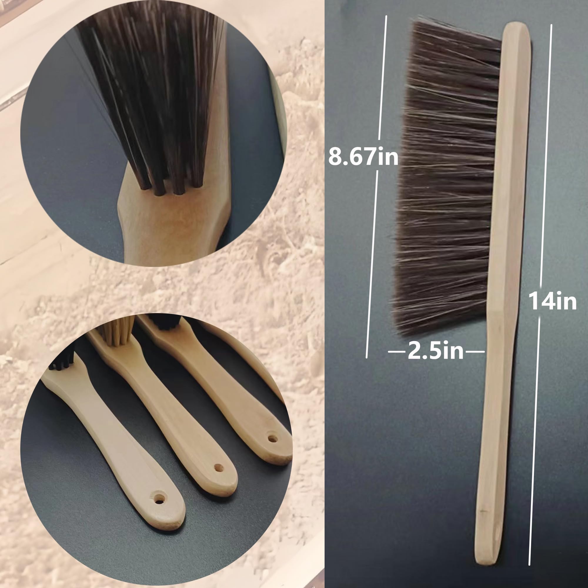 2 Pieces Woooden Dust Brush Hand Broom Bench Brush with Long Wood Handle Whisk Broom Soft Bristle Brush for Counter Bed Sofa Car Fireplace Clothes