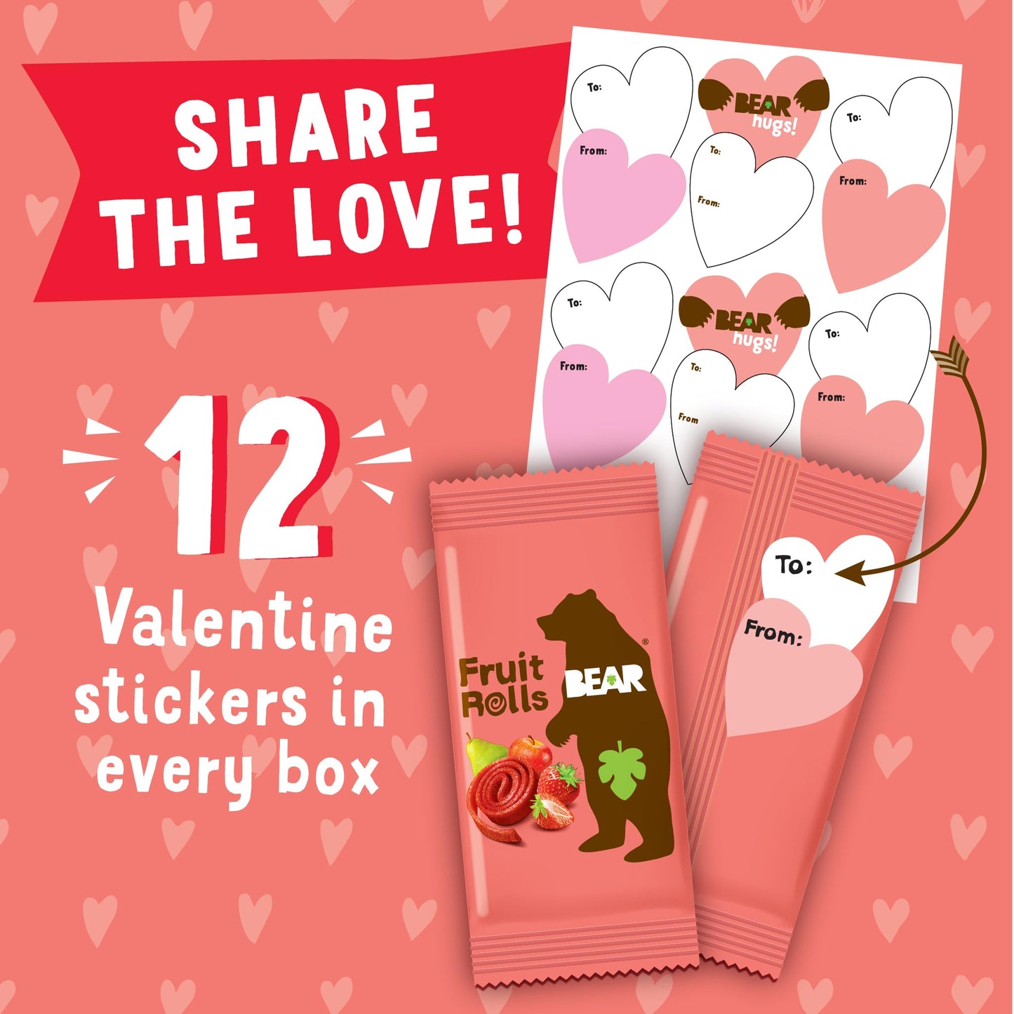 Bear Valentines Day Strawberry & Raspberry Fruit Rolls Variety Pack, 12 Pack (2 Rolls Per Pack) - Gluten Free, Vegan, and Non-GMO - Healthy School