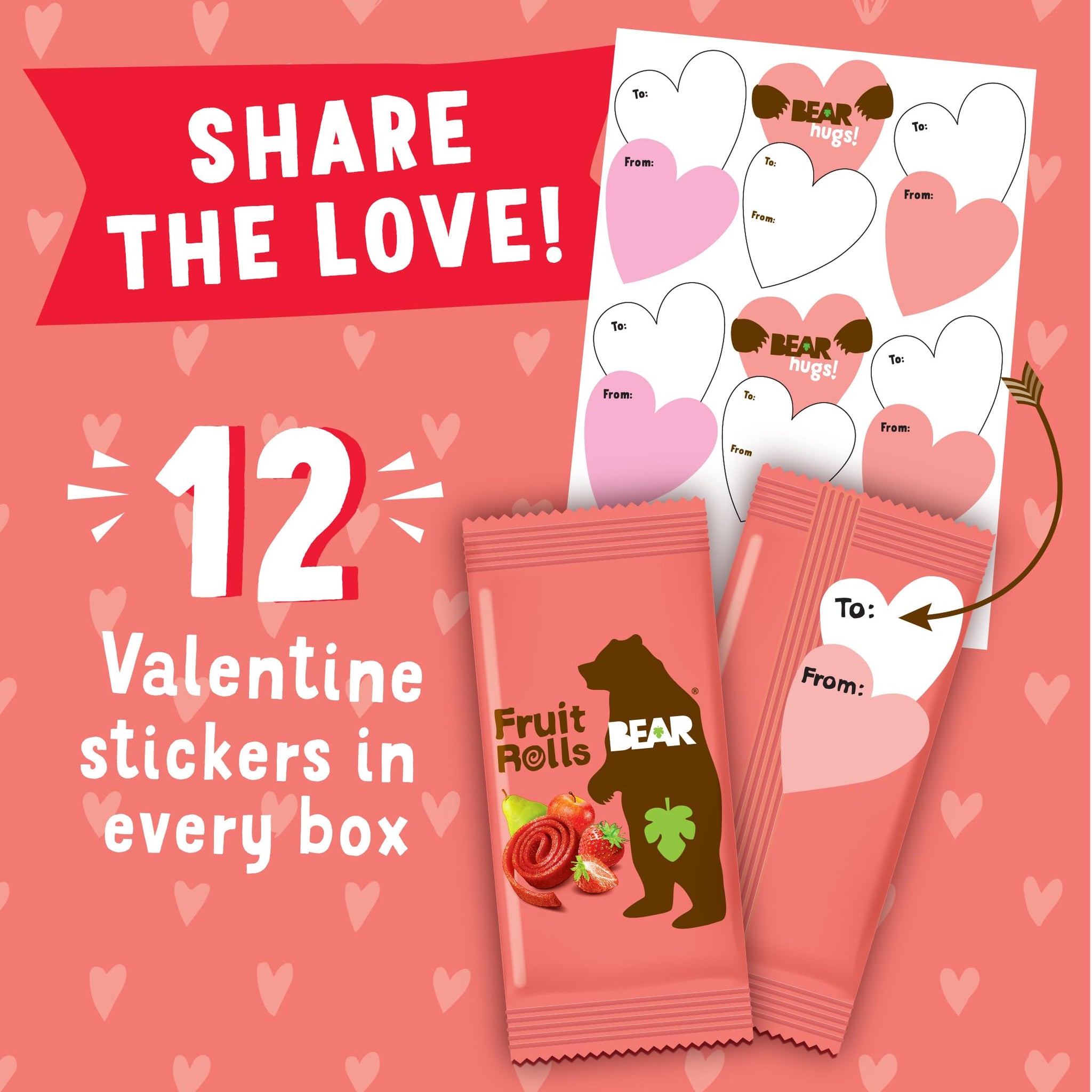 Bear Valentines Day Strawberry & Raspberry Fruit Rolls Variety Pack, 12 Pack (2 Rolls Per Pack) - Gluten Free, Vegan, and Non-GMO - Healthy School